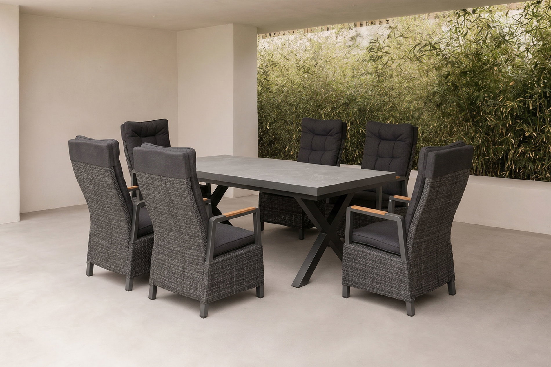 OUTFLEXX Serro Conjunto de comedor de jardín, 6 personas, extensible, 200-260cm, Alu/Polirratán, certificado FSC®