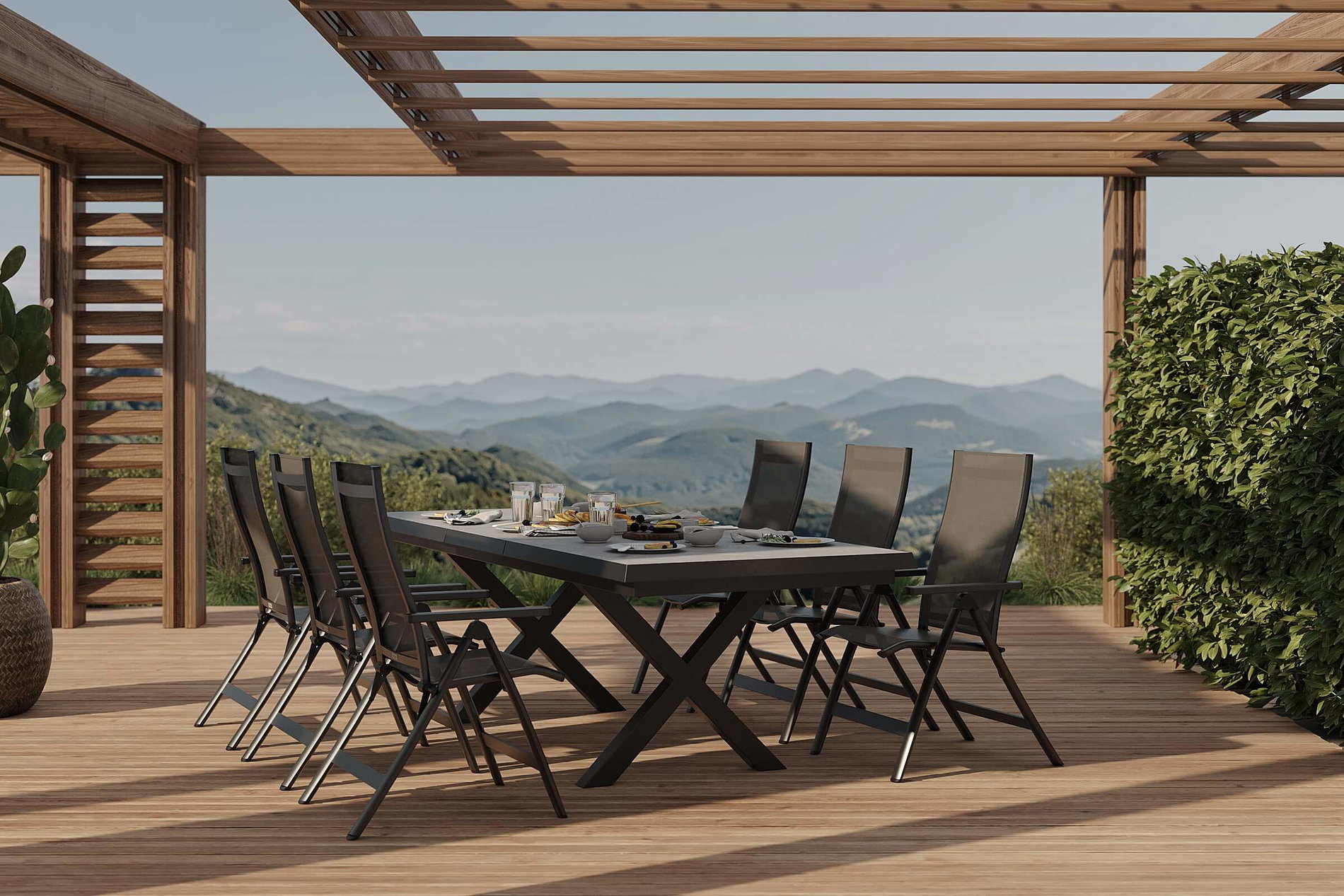 OUTFLEXX Serro Conjunto de comedor de jardín, antracita mate/negro/gris, Aluminio/Imitación de piedra/Textilene, 200/260 x 100 cm, extensible, 6 sillas plegables