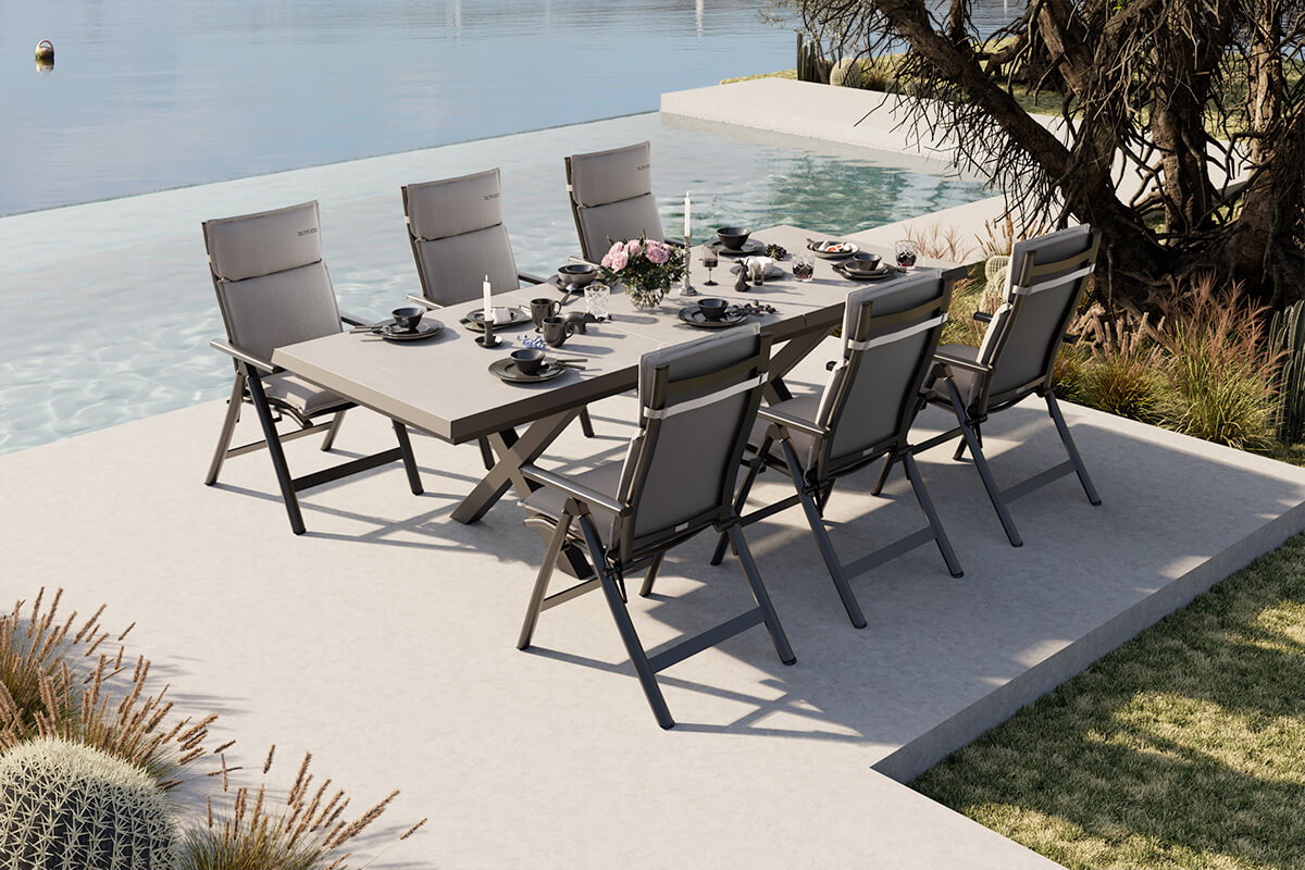 OUTFLEXX Serro Conjunto de comedor de jardín, antracita mate/negro/gris/nature, Alu/Imitación de piedra/Textilene, 200/260 x 100 cm, 6 sillas plegables incl. 6 cojines OUTFLEXX Serro Conjunto de comedor de jardín, antracita mate/negro/gris/nature, Alu/Imitación de piedra/Textilene, 200/260 x 100 cm, 6 sillas plegables incl. 6 cojines