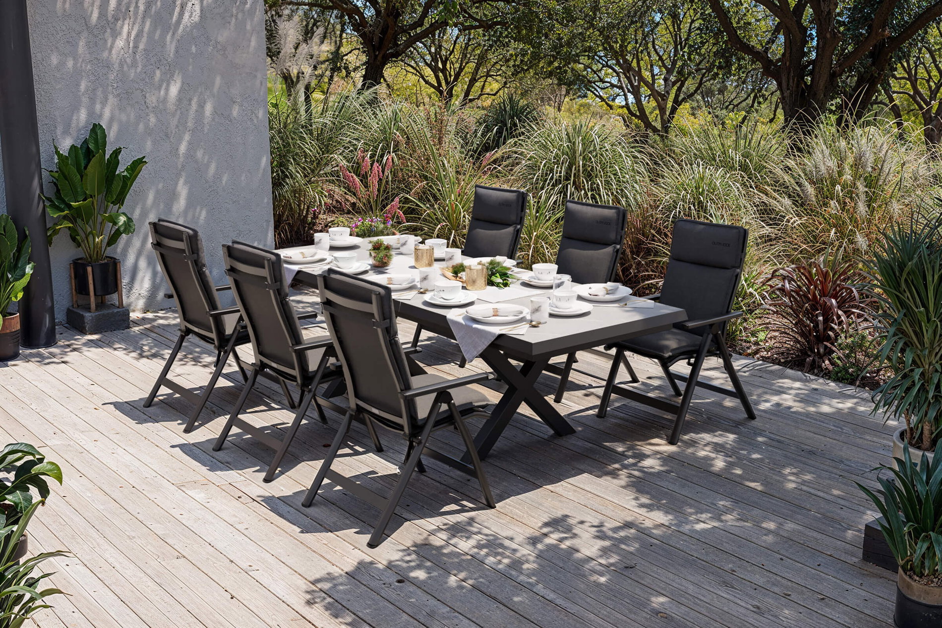 Conjunto de comedor de jardín OUTFLEXX Serro, antracita mate/negro/antracita Alu/Cerámica/Textilene, 200/260 x 100 cm, 6 sillas plegables incl. 6 cojines Conjunto de comedor de jardín OUTFLEXX Serro, antracita mate/negro/antracita Alu/Cerámica/Textilene, 200/260 x 100 cm, 6 sillas plegables incl. 6 cojines