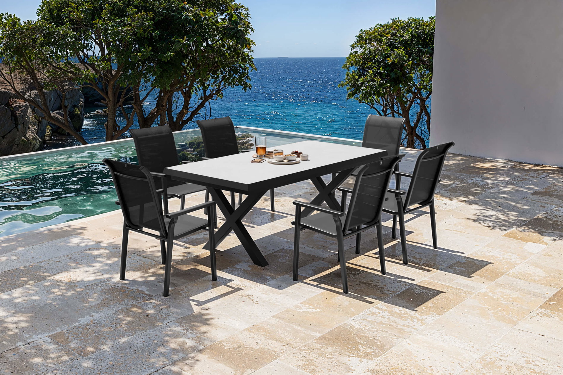 KETTLER BasicPlus Pro Garten-Essgruppe, anthrazit/schwarz, Alu/Textilene/Steinimitat, 200/260 x 100 cm, 6 Stapelstühle