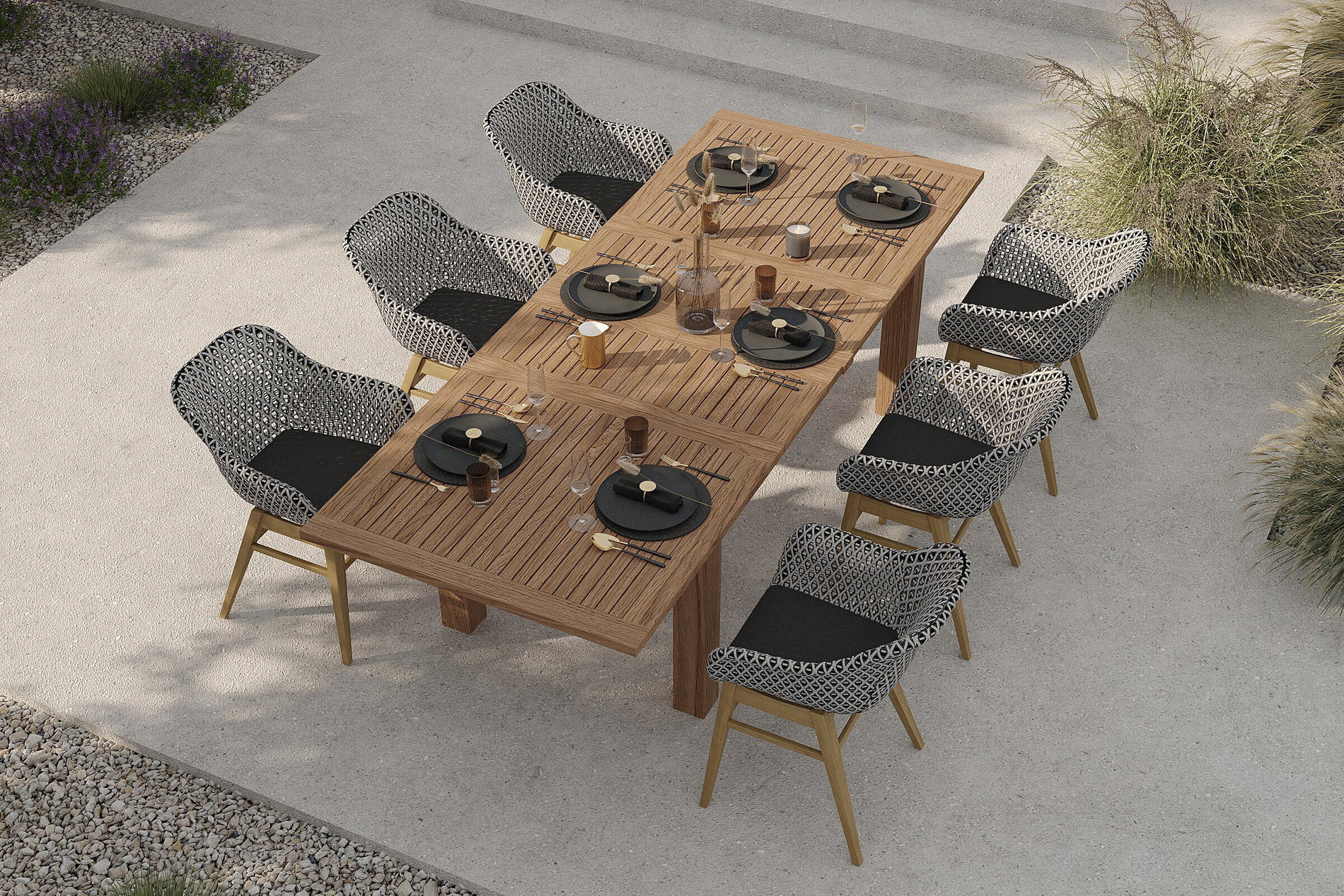 OUTFLEXX Bali Conjunto de comedor de jardín con 6 sillones comedor, negro/blanco/natural, acacia/ratán sintético, 180/220/260 x 100 cm, producto certificado FSC® OUTFLEXX Bali Conjunto de comedor de jardín con 6 sillones comedor, negro/blanco/natural, acacia/ratán sintético, 180/220/260 x 100 cm, producto certificado FSC®