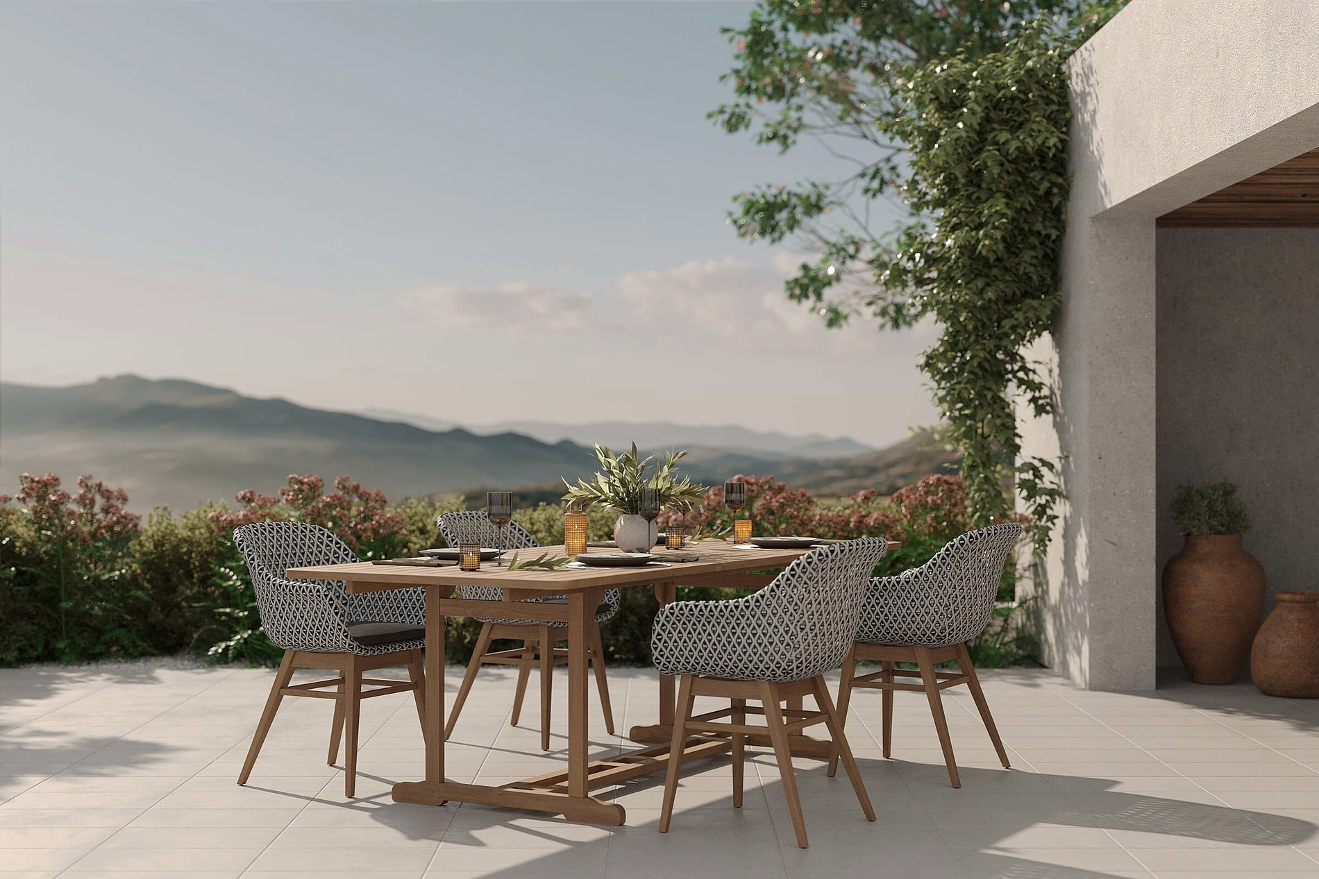 OUTFLEXX Bali Conjunto de comedor de jardín con 4 sillones comedor, negro/blanco/natural, acacia/polirratán, 150/200 x 90 cm, producto certificado FSC® OUTFLEXX Bali Conjunto de comedor de jardín con 4 sillones comedor, negro/blanco/natural, acacia/polirratán, 150/200 x 90 cm, producto certificado FSC®