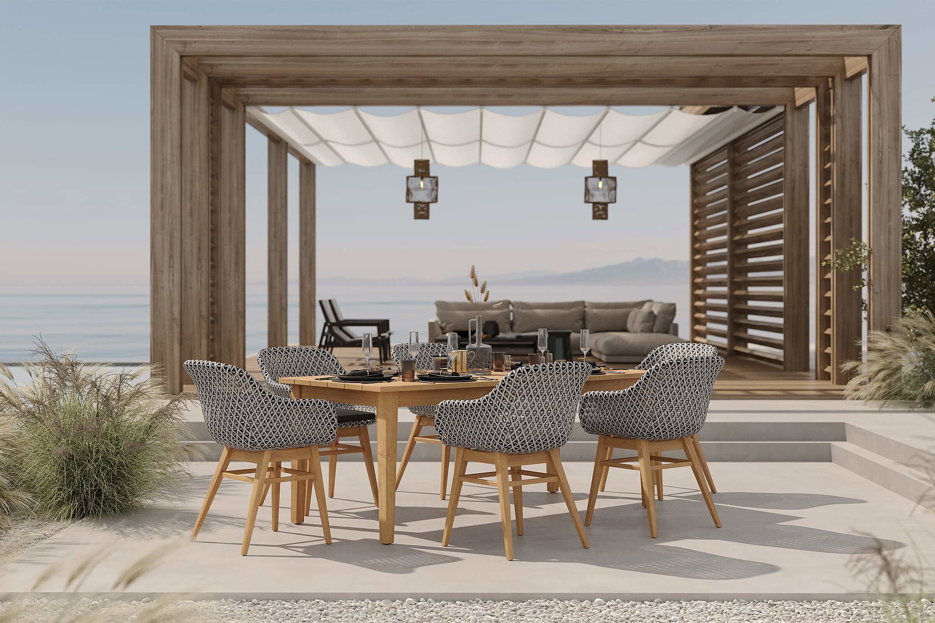 OUTFLEXX Bali Garten-Essgruppe mit 6 Dining Sesseln, schwarz/weiß/natur, Akazie/Polyrattan, Tisch 180 x 90 cm, FSC®-zertifiziert
