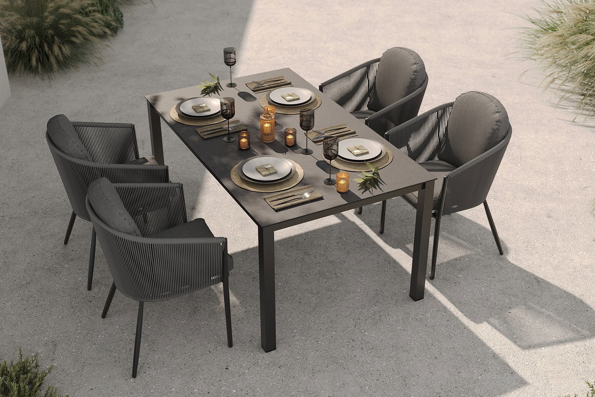 Conjunto de comedor de jardín OUTFLEXX Tavio, antracita mate/gris oscuro, aluminio/trenzado Rope/Spraystone, 160 x 95 cm, 4 sillas de comedor Conjunto de comedor de jardín OUTFLEXX Tavio, antracita mate/gris oscuro, aluminio/trenzado Rope/Spraystone, 160 x 95 cm, 4 sillas de comedor
