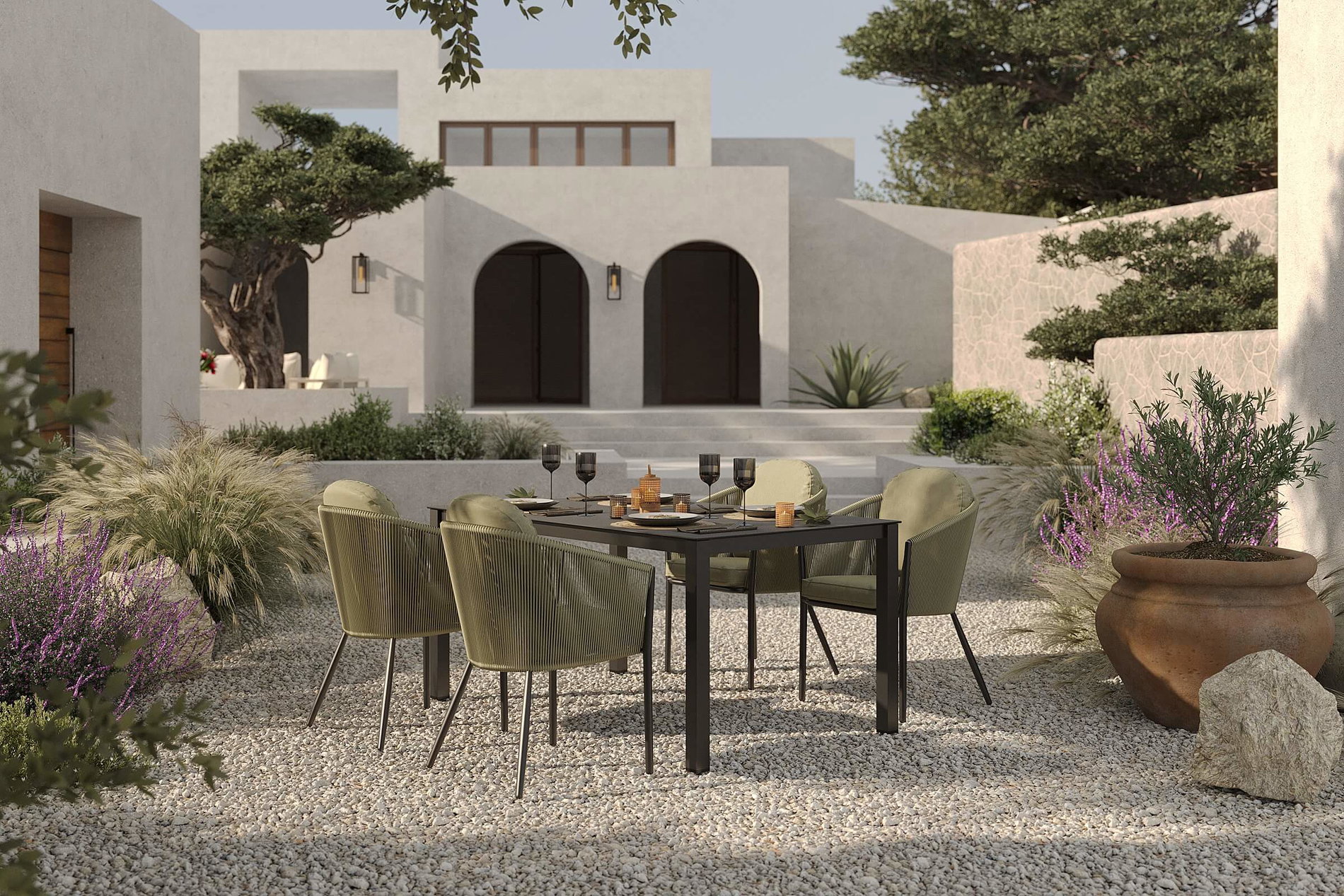 OUTFLEXX Tavio Garten-Essgruppe, anthrazit matt/grün, Alu/Rope-Geflecht/Spraystone, 160 x 95 x cm, 4 Diningsessel OUTFLEXX Tavio Garten-Essgruppe, anthrazit matt/grün, Alu/Rope-Geflecht/Spraystone, 160 x 95 x cm, 4 Diningsessel