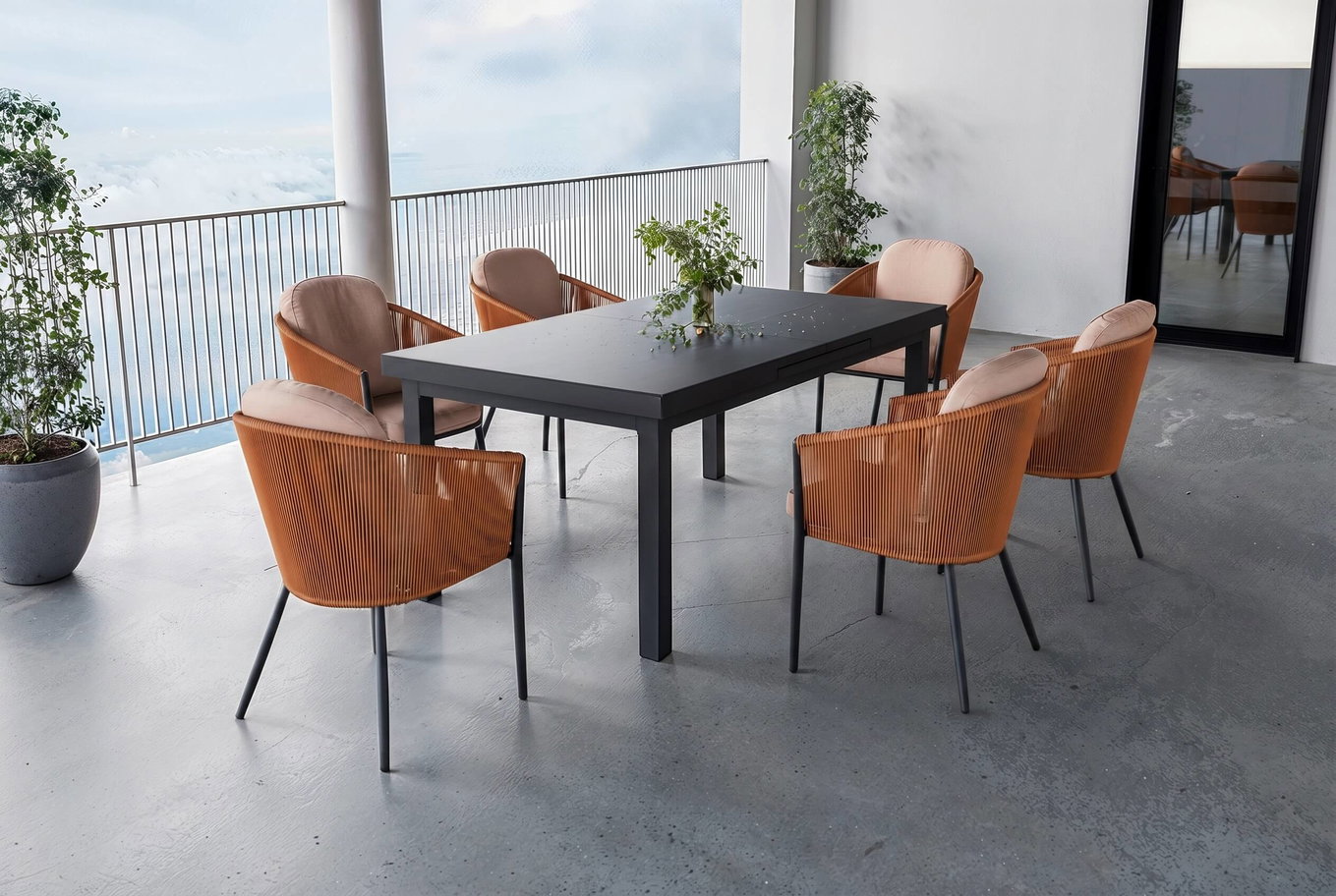 OUTFLEXX Tavio Conjunto de comedor de jardín, antracita/naranja, Alu/trenzado rope, Tablero de la mesa extensible 180/240 x 100 cm, 6 sillas dining