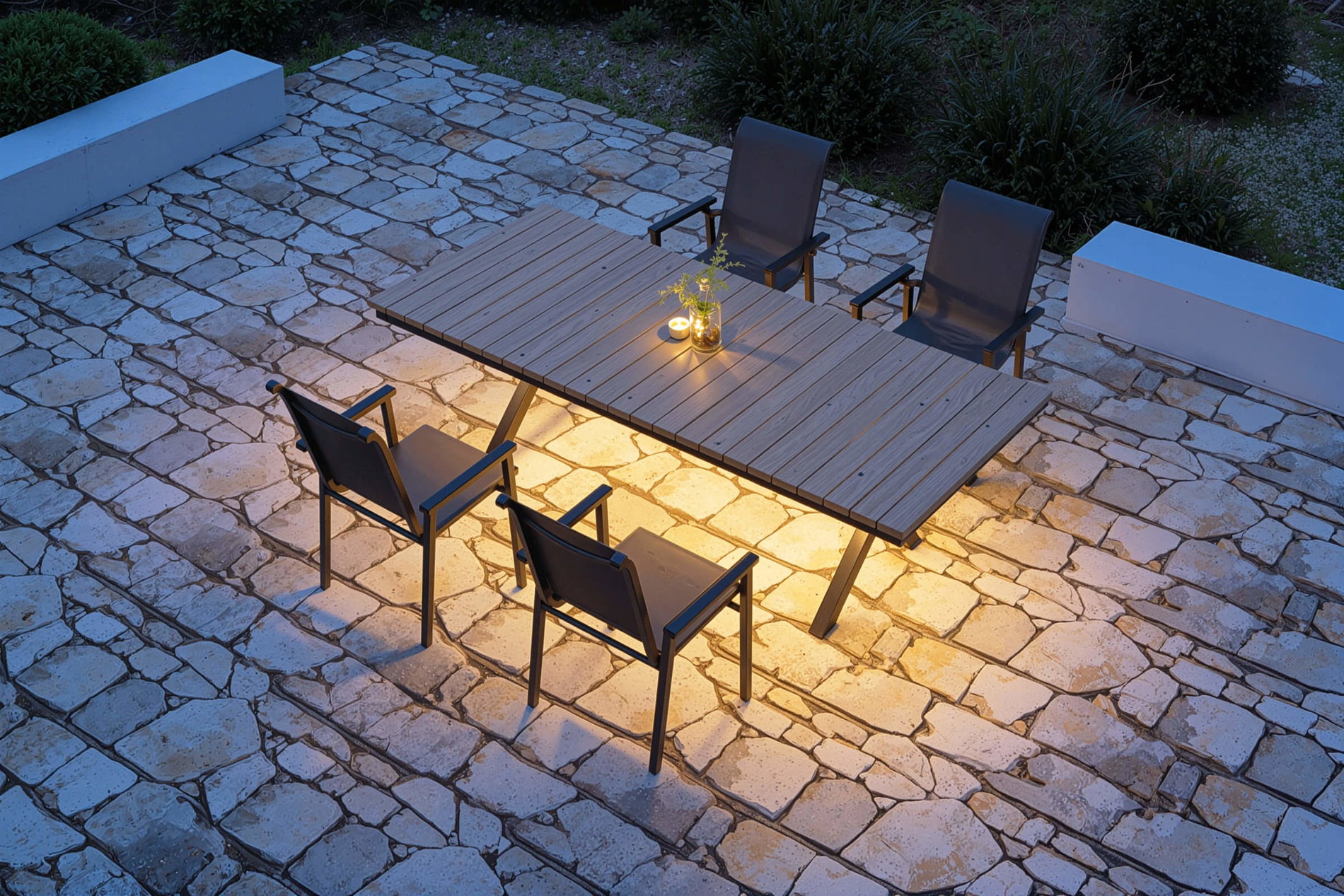 KETTLER Modelo exclusivo BasicPlus 2026, Conjunto de comedor de jardín con iluminación LED, antracita/natural, Aluminio/Imitación de madera, 240 x 100 cm, 4 sillas apilables