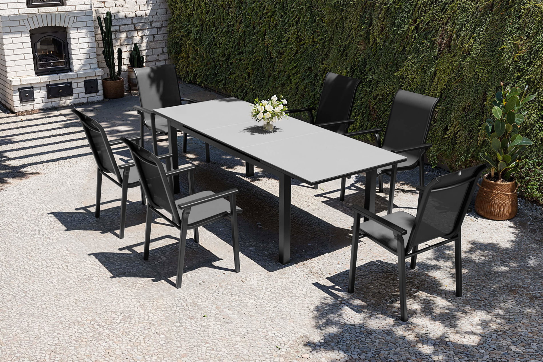 Modelo exclusivo KETTLER BasicPlus 2026 Conjunto de comedor de jardín, antracita, aluminio/textileno, mesa 180/240 x 90 cm, 6 sillas apilables