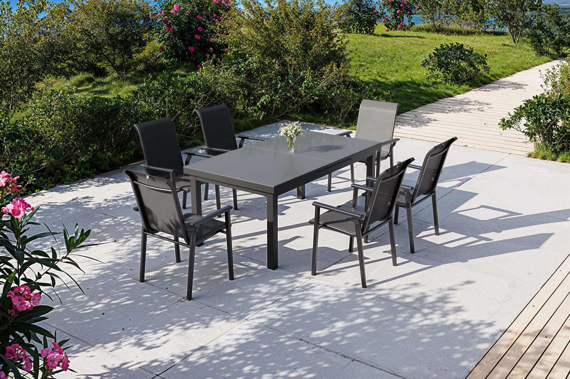 KETTLER Modelo exclusivo BasicPlus 2026 Conjunto de comedor de jardín, antracita/gris, Alu/Vidrio/Textilene, 180/240 x 100 cm, extensible, 6 sillas apilables