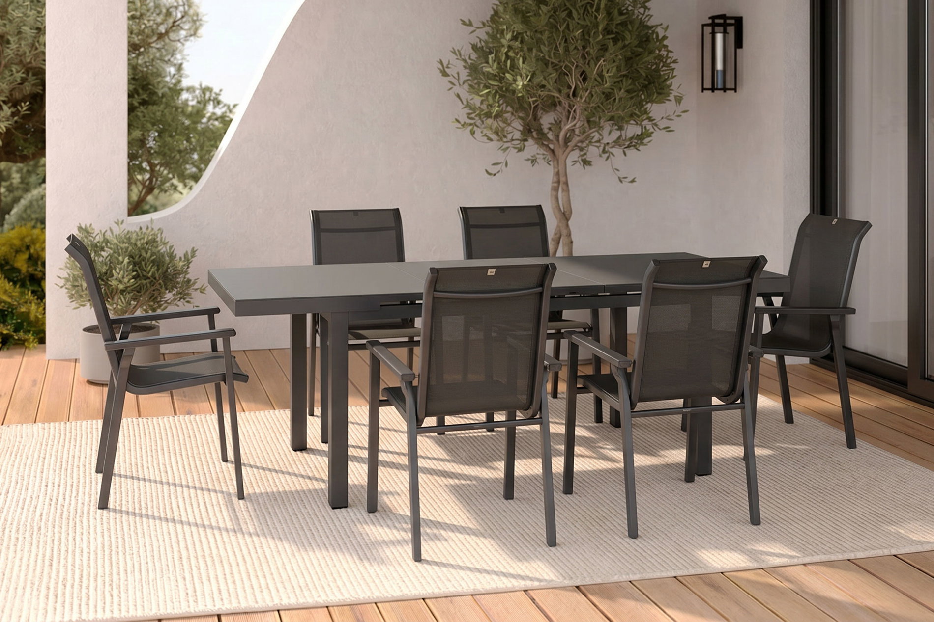 KETTLER Modelo exclusivo BasicPlus 2026 Conjunto de comedor de jardín, antracita/gris, Alu/Vidrio/Textilene, 180/240 x 100 cm, extensible, 6 sillas apilables