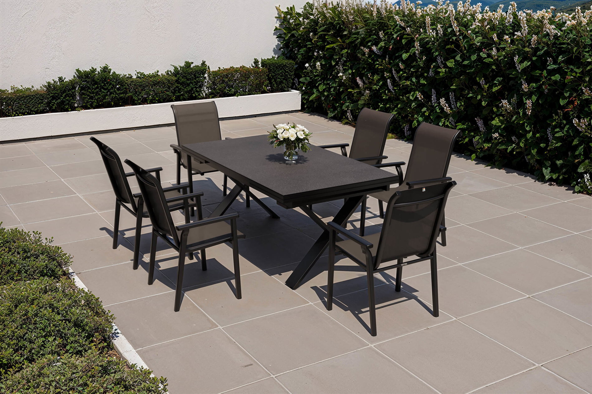 Conjunto de comedor de jardín modelo exclusivo KETTLER BasicPlus 2026, antracita, aluminio/textileno/Spraystone, mesa 180/280 x 100 cm, 6 sillas apilables