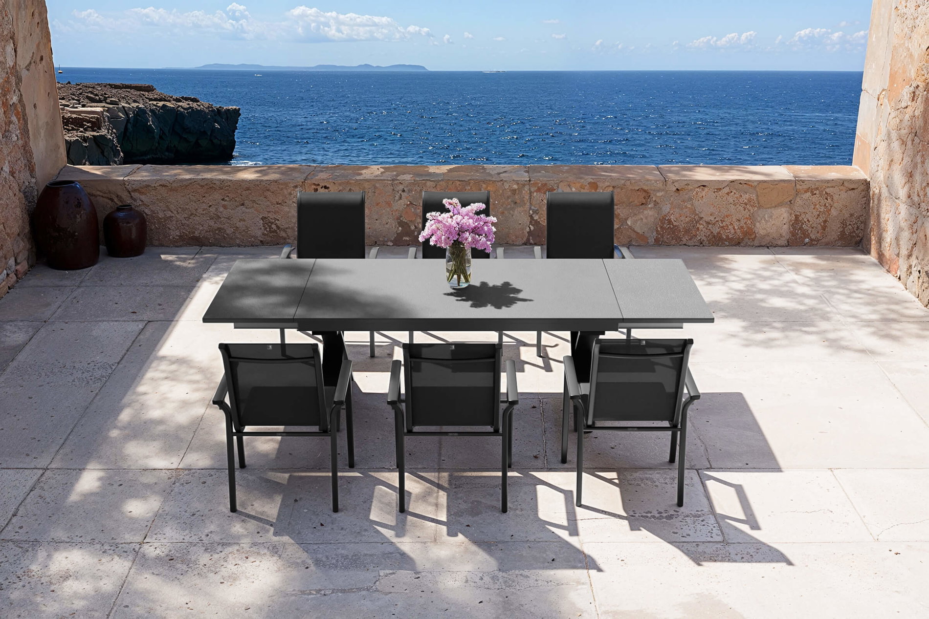 Conjunto de comedor de jardín modelo exclusivo KETTLER BasicPlus 2026, antracita, aluminio/textileno/Spraystone, mesa 180/280 x 100 cm, 6 sillas apilables