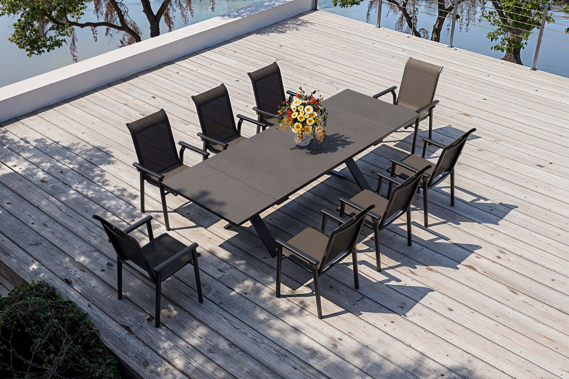 KETTLER Modelo Exclusivo BasicPlus 2026 Conjunto de comedor de jardín, antracita, Alu/Textilene/Spraystone, Mesa 180/280 x 100 cm, 8 sillas apilables