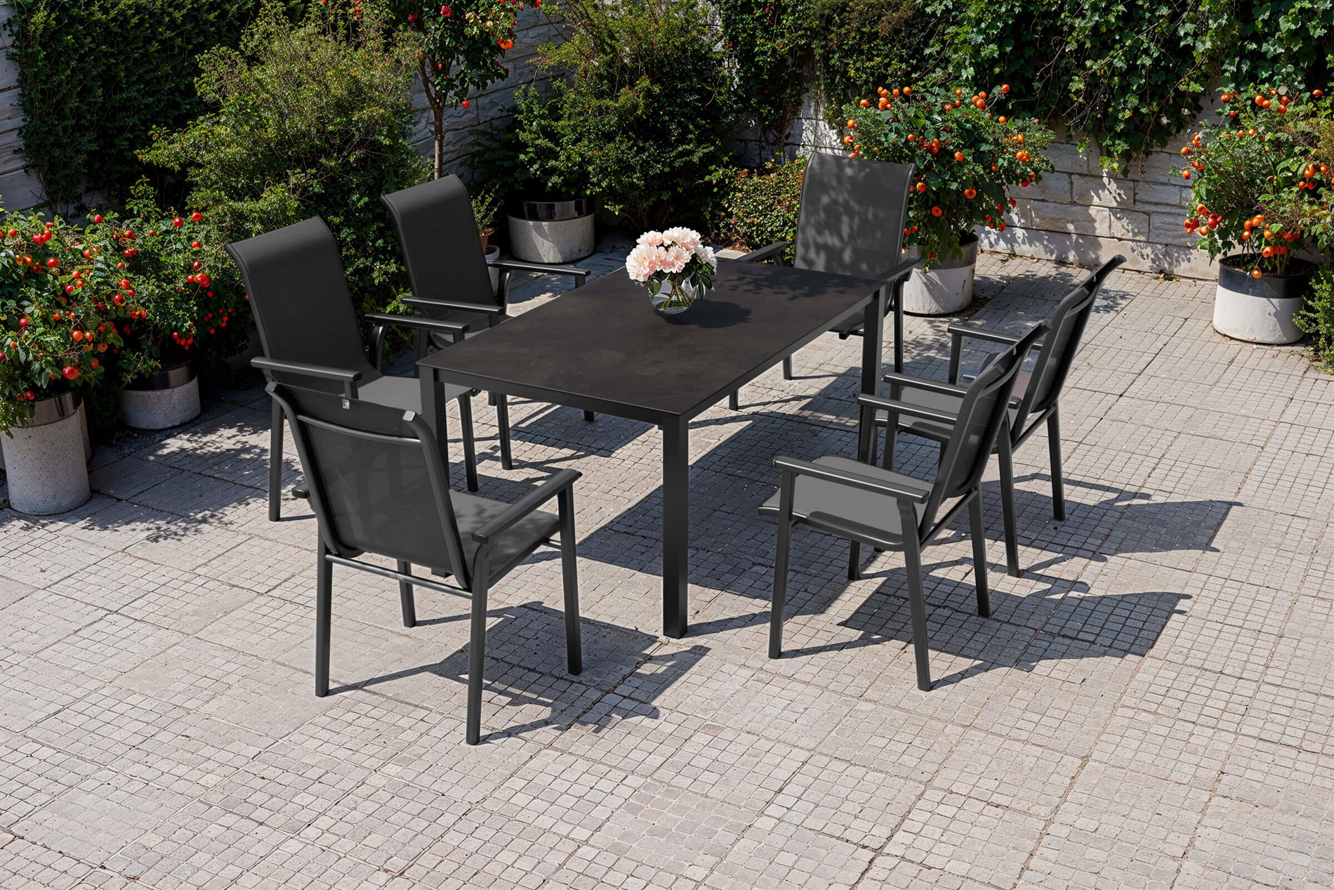 KETTLER Modelo exclusivo BasicPlus 2026 Conjunto de comedor de jardín, antracita, aluminio/textilene/vidrio, mesa 160 x 95 cm, 6 sillas apilables