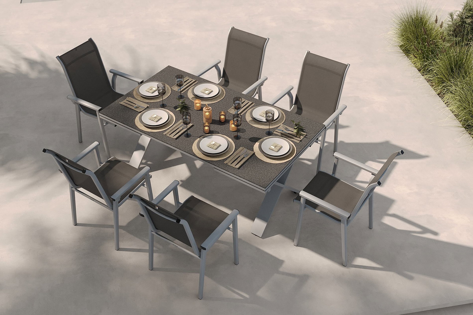 Conjunto de comedor de jardín modelo exclusivo KETTLER BasicPlus 2026, plateado/antracita, Alu/Textilene, mesa extensible 180/280 x 100 cm, 6 sillas apilables
