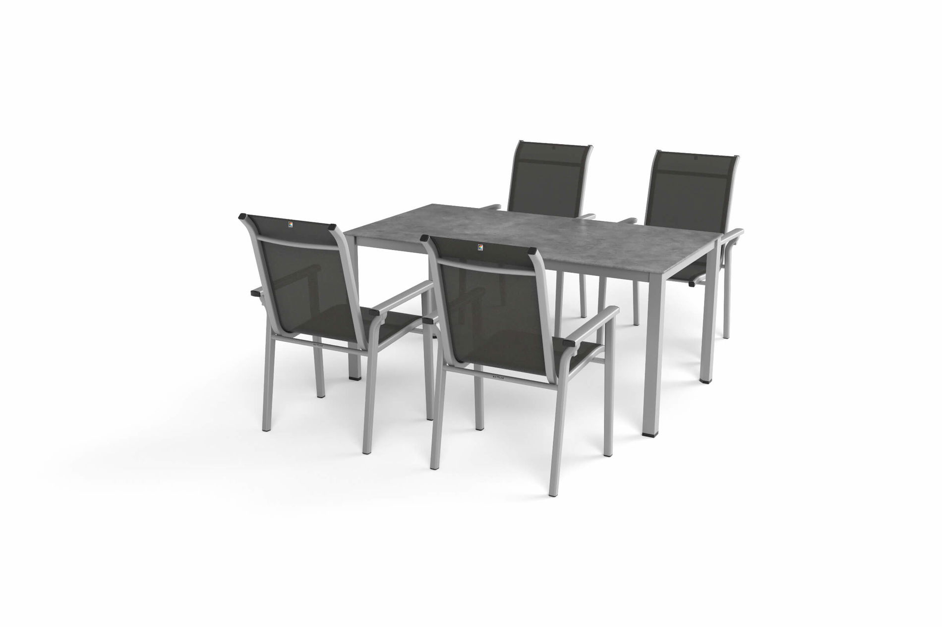 KETTLER Modelo exclusivo BasicPlus 2026 Conjunto de comedor de jardín, plata/antracita, aluminio/textilene, mesa 160 x 90 cm, 4 sillas apilables