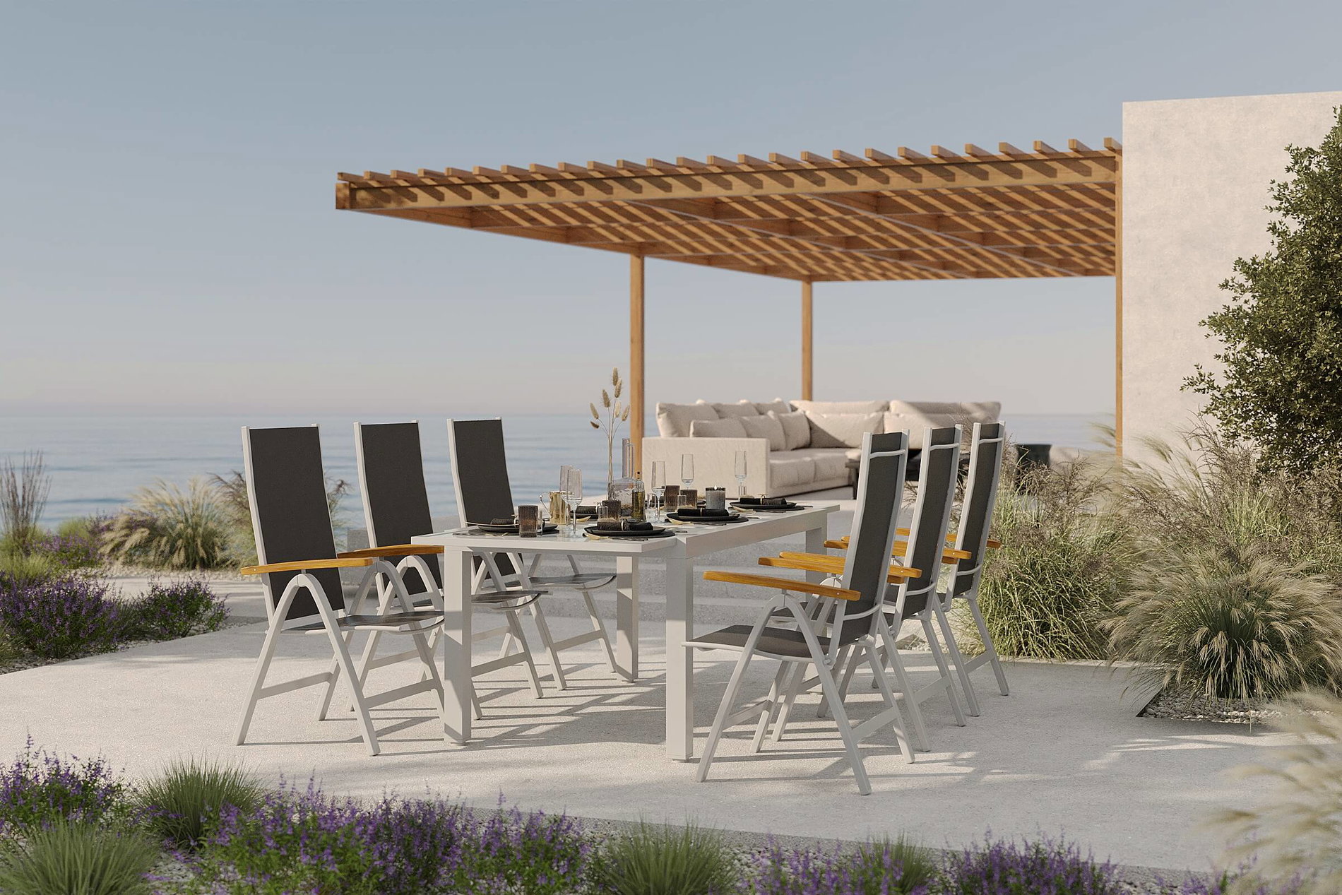 Conjunto de comedor de jardín Villana Sylvania con 6 sillas plegables, plata/antracita, aluminio/vidrio, incl. reposabrazos de eucalipto, mesa extensible 160/220 x 90 cm, producto con certificación FSC® Conjunto de comedor de jardín Villana Sylvania con 6 sillas plegables, plata/antracita, aluminio/vidrio, incl. reposabrazos de eucalipto, mesa extensible 160/220 x 90 cm, producto con certificación FSC®
