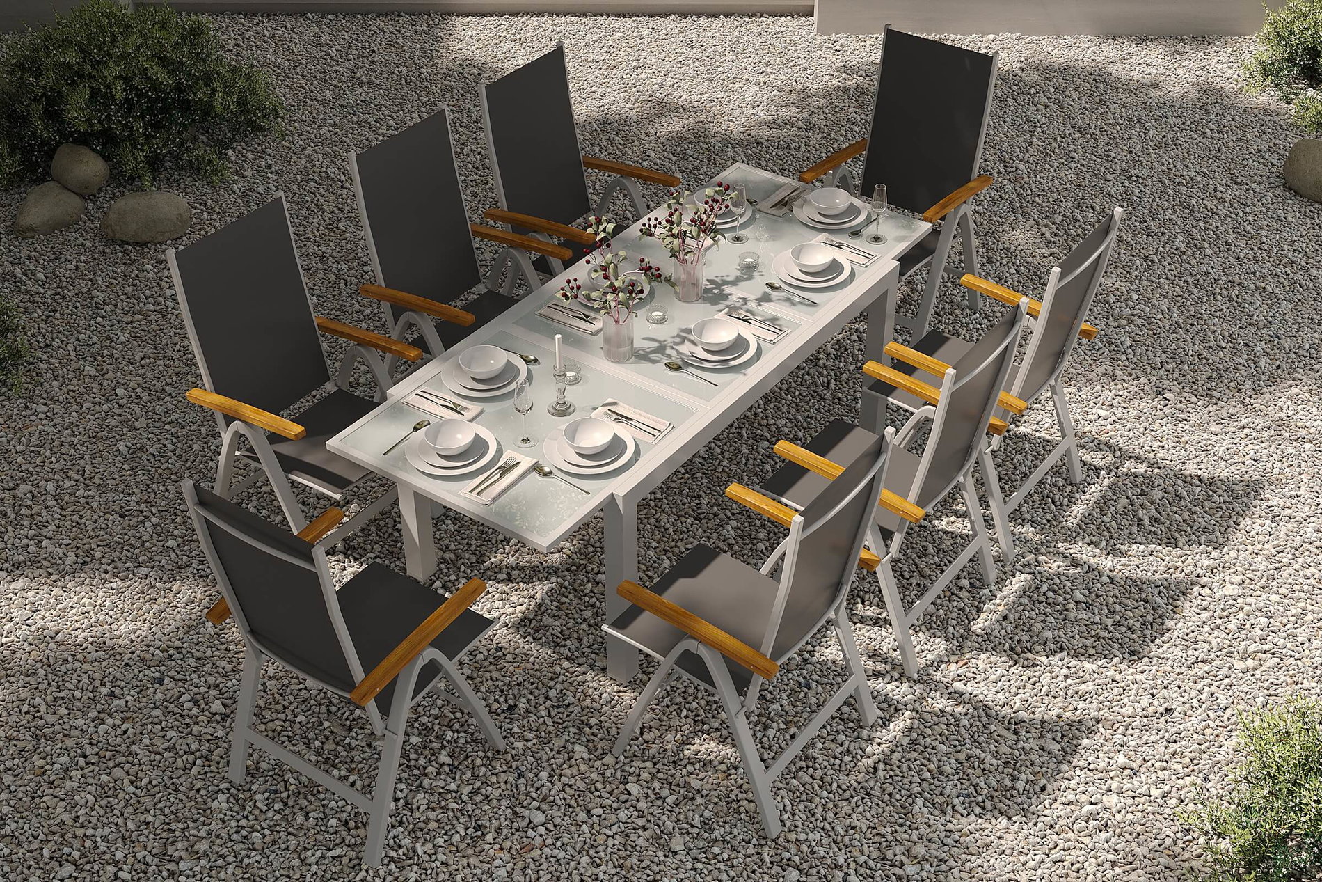 Conjunto de comedor de jardín Villana, plata/antracita, Aluminio/Eucalipto, Mesa extensible 160/220 x 90 cm, incl. 8 sillas plegables, Producto certificado FSC®