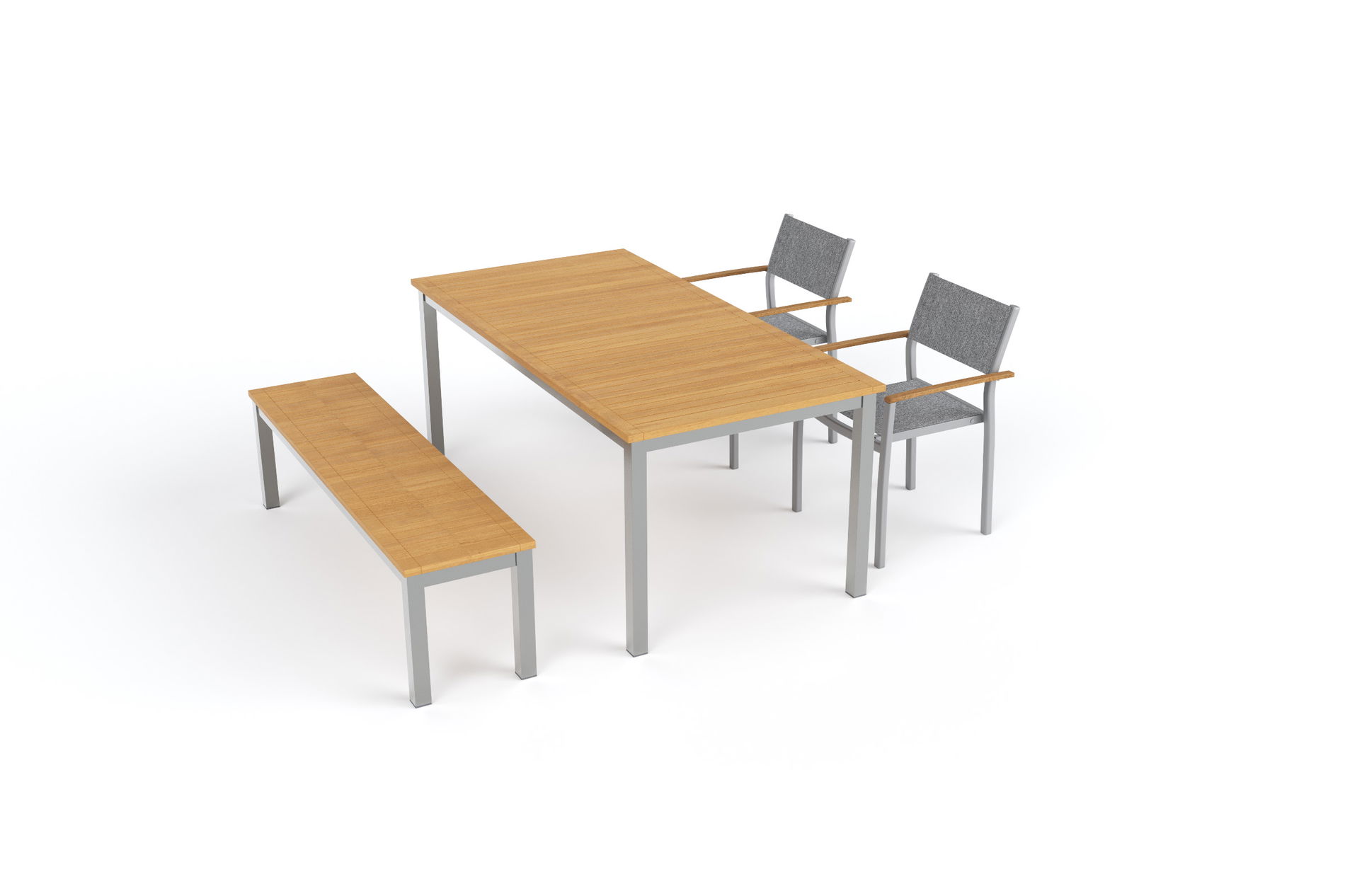 VILLANA Tasmania Conjunto de comedor de jardín con banco y 2 sillas apilables, plata/natural, aluminio/textilene, mesa 180 x 90 cm, reposabrazos de eucalipto, producto certificado FSC®