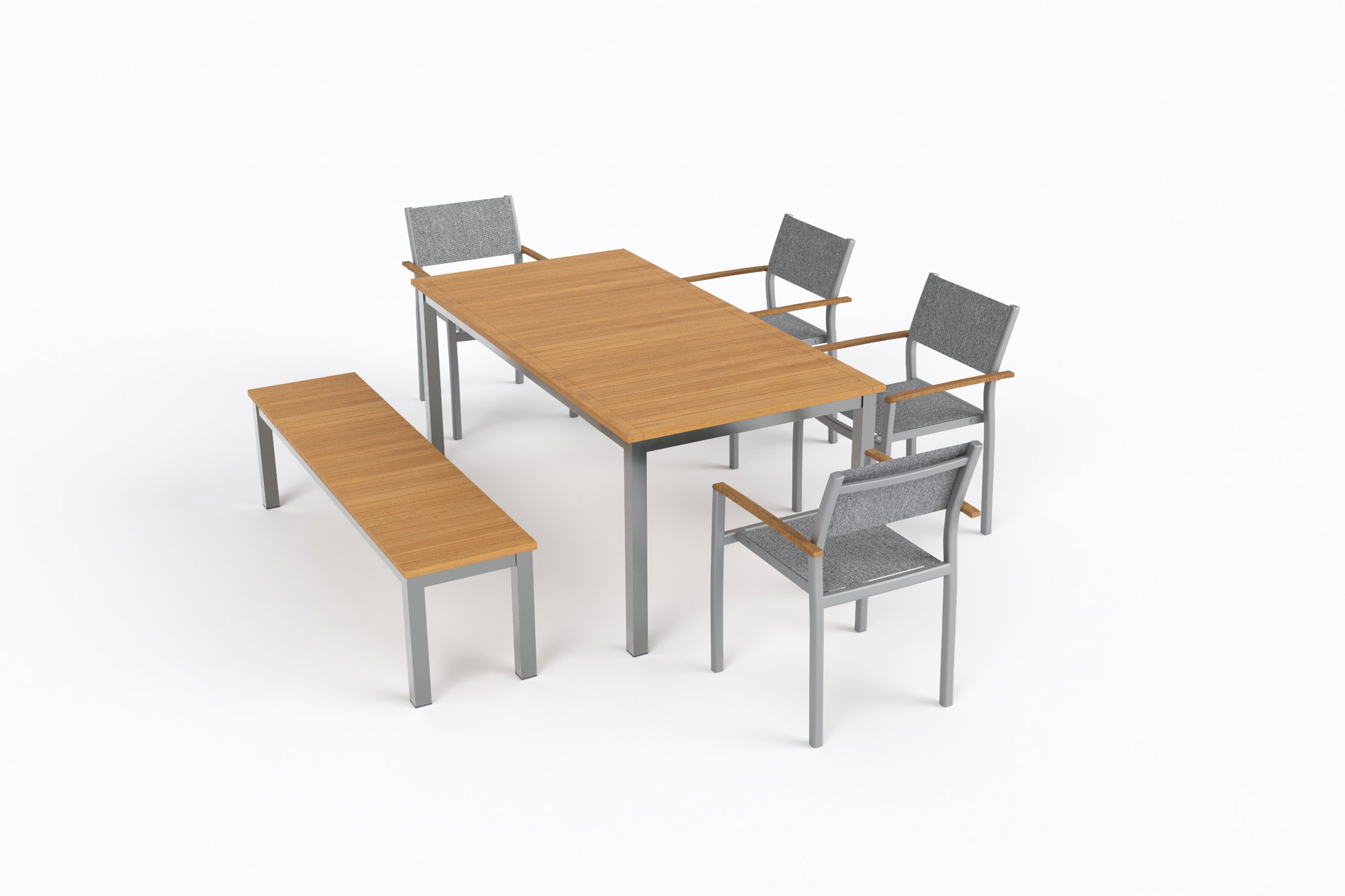 Conjunto de comedor de jardín VILLANA Tasmania con banco y 4 sillas apilables, plata/natural, aluminio/textilene, mesa 180 x 90 cm, reposabrazos de eucalipto, producto certificado FSC®