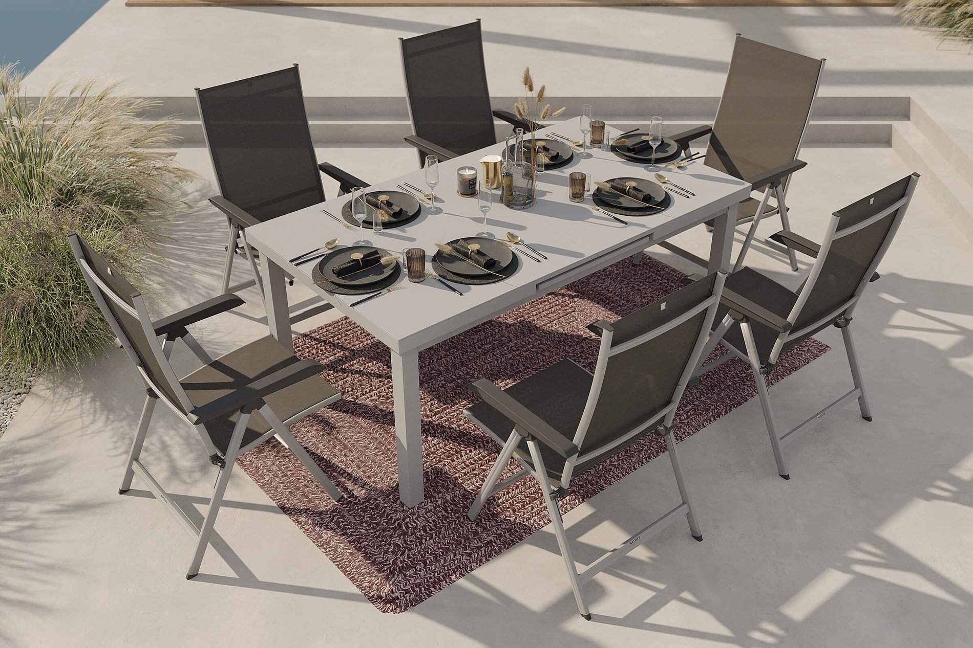 Conjunto de comedor de jardín KETTLER con 6 sillas plegables y alfombra de exterior, plata/antracita/blanco andorra, aluminio/textilene, mesa extensible 180/240 x 100 cm Conjunto de comedor de jardín KETTLER con 6 sillas plegables y alfombra de exterior, plata/antracita/blanco andorra, aluminio/textilene, mesa extensible 180/240 x 100 cm