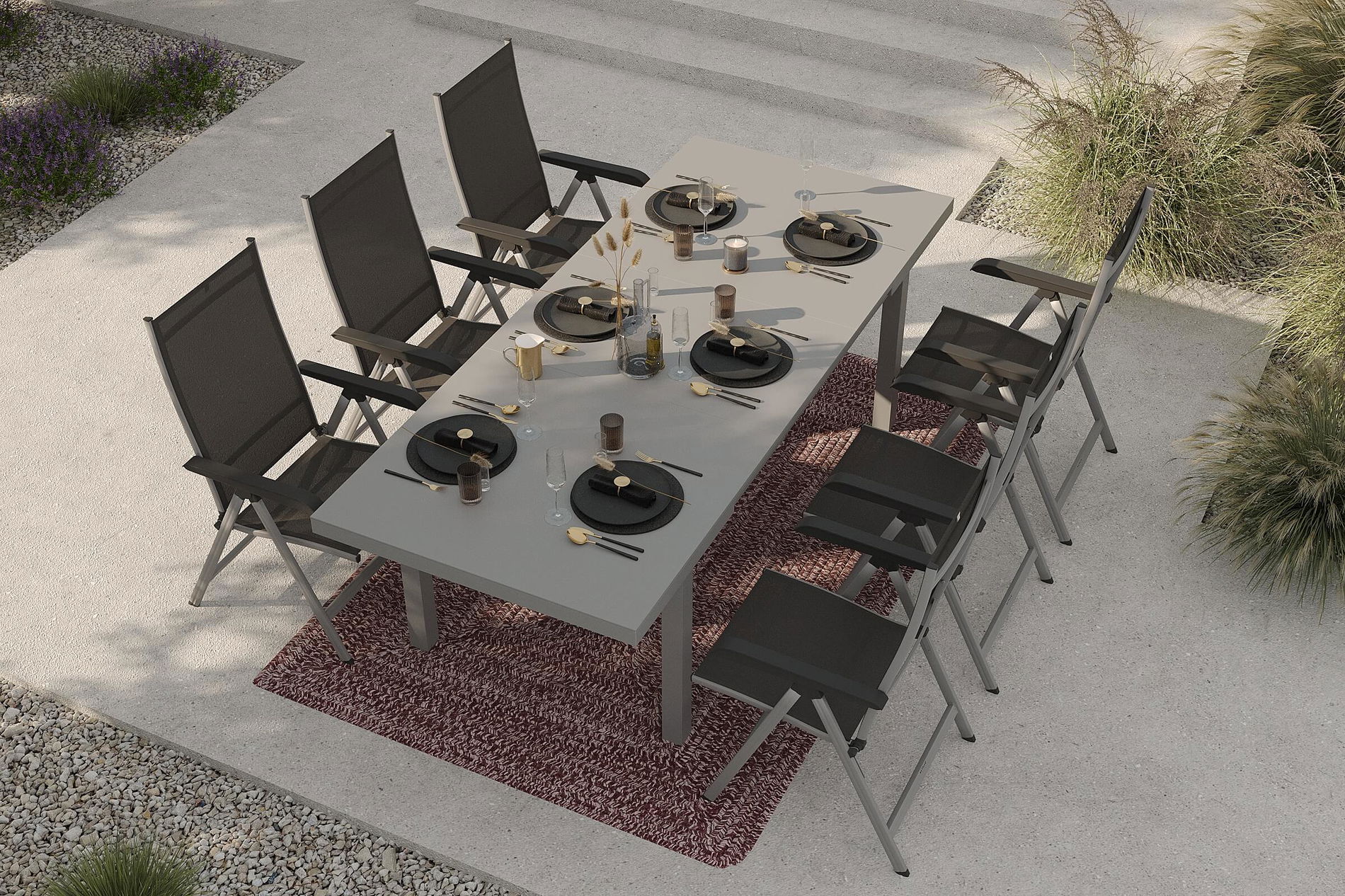 Conjunto de comedor de jardín KETTLER con 6 sillas plegables y alfombra de exterior, plata/antracita/blanco andorra, aluminio/textilene, mesa extensible 180/240 x 100 cm