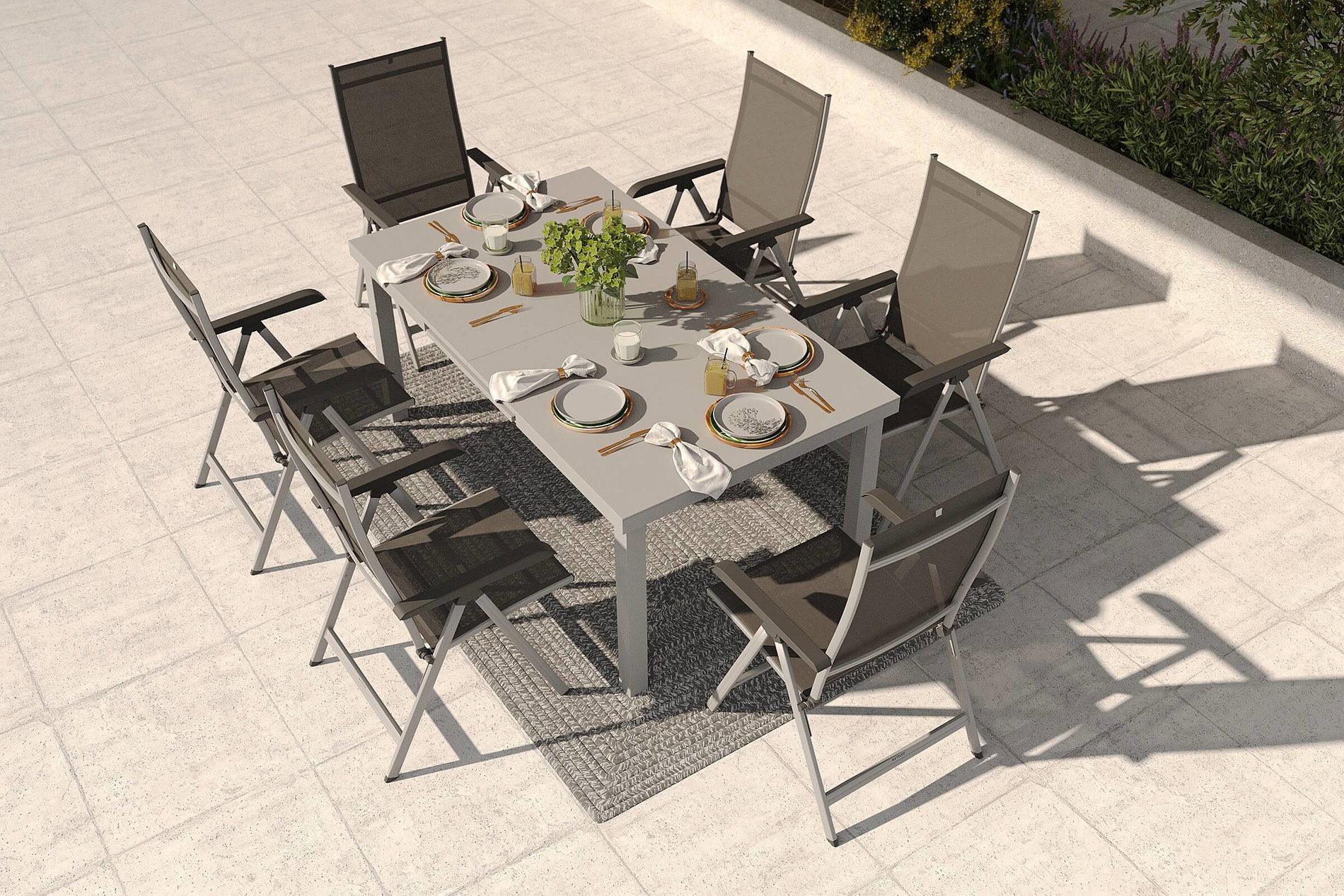 Conjunto de comedor de jardín KETTLER con 6 sillas plegables y alfombra de exterior, plata/antracita/aluminio-blanco, Alu/Textilene/hilo PET, mesa extensible 180/240 x 100 cm