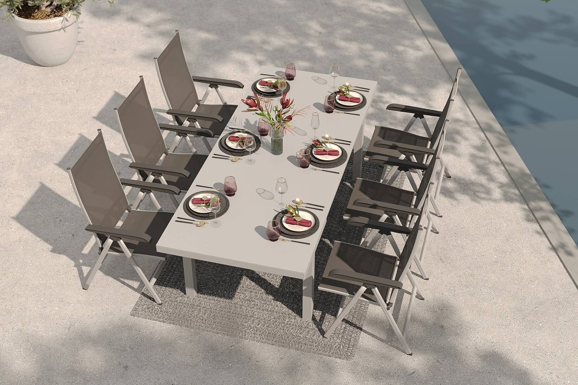 Conjunto de comedor de jardín KETTLER con 6 sillas plegables y alfombra de exterior, plata/antracita/aluminio-blanco, Alu/Textilene/hilo PET, mesa extensible 180/240 x 100 cm