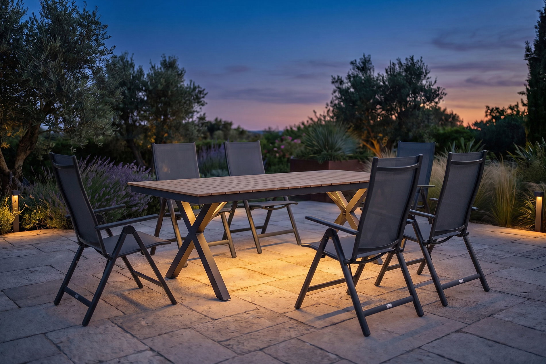 OUTFLEXX Luminara Conjunto de comedor de jardín, antracita mate/natural, Alu / Imitación de madera, 240 x 100 cm, 6 sillas plegables, Tablero de la mesa con iluminación LED