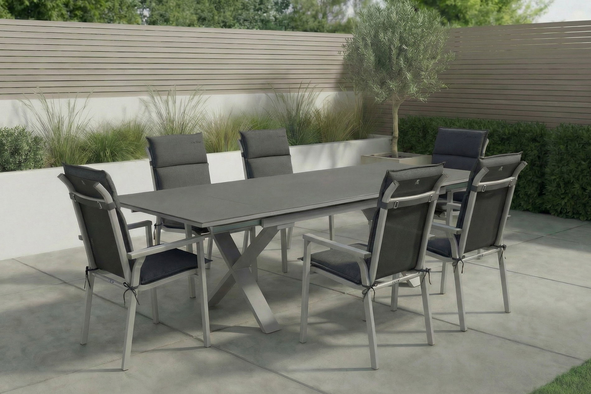 KETTLER BasicPlus Pro Garten-Essgruppe, silber/anthrazit, Alu/Polyester/Spraystone, 180/280 x 100 cm, 6 Stapelsessel, inkl. Auflagen KETTLER BasicPlus Pro Garten-Essgruppe, silber/anthrazit, Alu/Polyester/Spraystone, 180/280 x 100 cm, 6 Stapelsessel, inkl. Auflagen