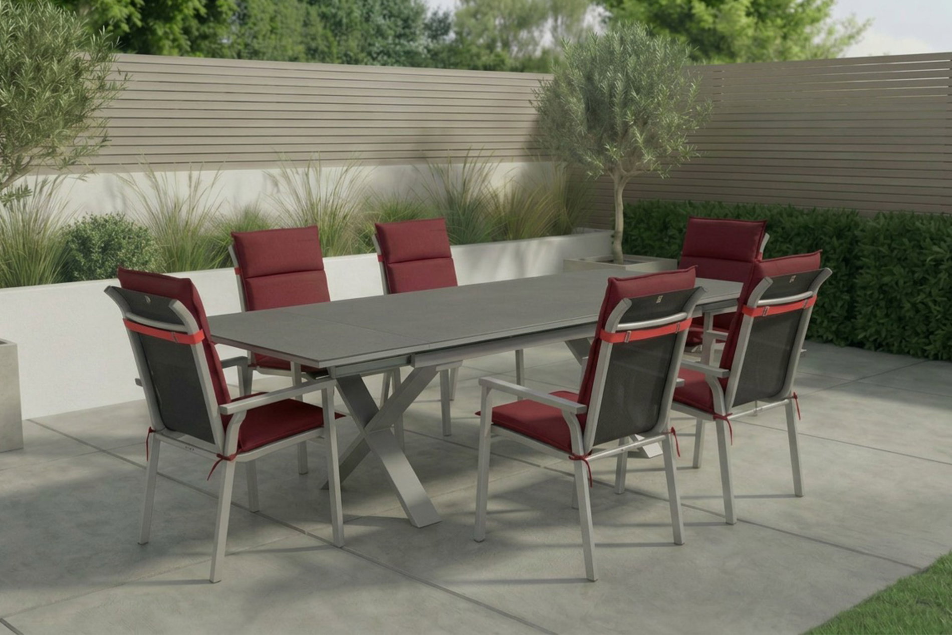 KETTLER BasicPlus Pro Garten-Essgruppe, silber/bordeaux, Alu/Spraystone/Polyester, 180/280 x 100 cm, 6 Stapelsessel, Polster inklusive KETTLER BasicPlus Pro Garten-Essgruppe, silber/bordeaux, Alu/Spraystone/Polyester, 180/280 x 100 cm, 6 Stapelsessel, Polster inklusive