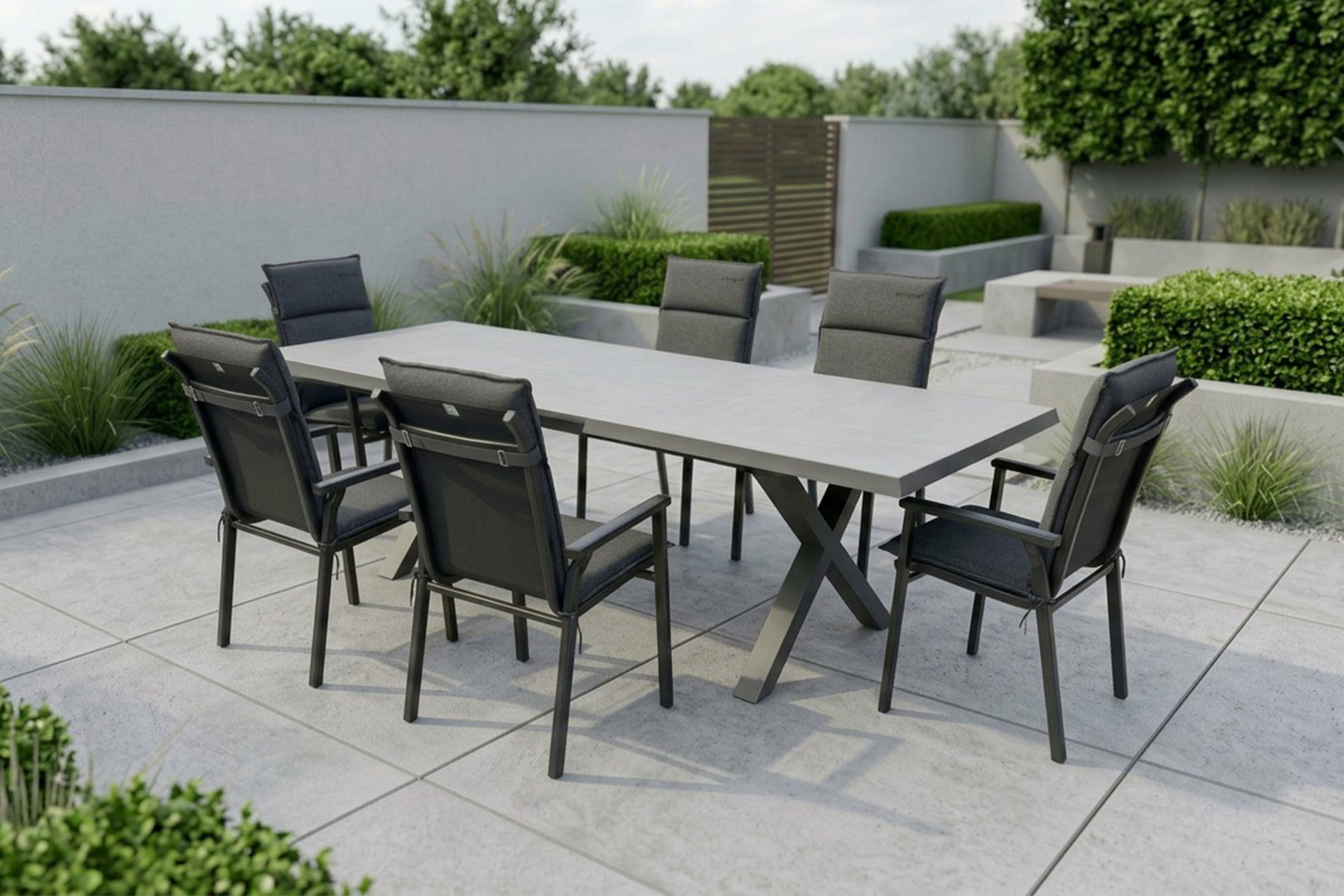 KETTLER BasicPlus Pro Garten-Essgruppe, anthrazit/schwarz, Aluminium/Steinimitat/Polyester, 200/260 x 100 cm, 6 Stapelsessel, inkl Auflagen KETTLER BasicPlus Pro Garten-Essgruppe, anthrazit/schwarz, Aluminium/Steinimitat/Polyester, 200/260 x 100 cm, 6 Stapelsessel, inkl Auflagen