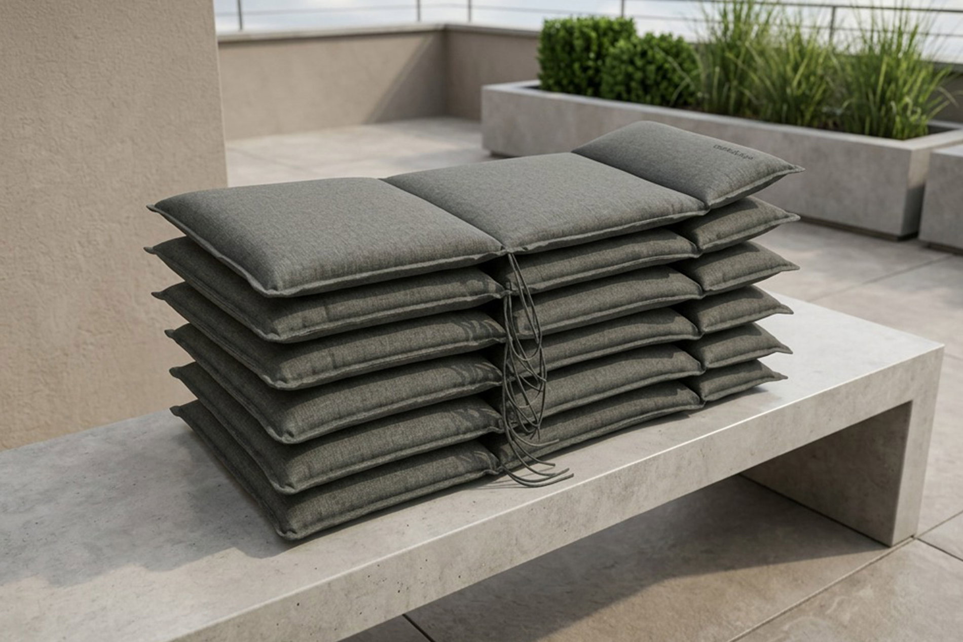 OUTFLEXX Select Conjunto de 6 cojines de asiento para respaldo alto, antracita, poliéster reciclado, respetuoso con la piel, con correa trasera y cordones de atado
