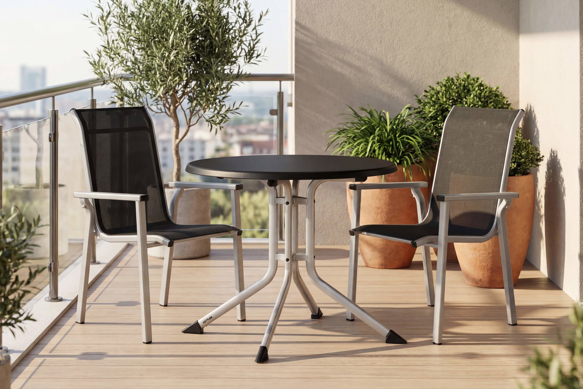 KETTLER BasicPlus Pro Balkon-Set, silber/anthrazit, Aluminium/Textilene/KETTALUX, Tisch Ø 70 cm, klappbar, 2 Stapelsessel KETTLER BasicPlus Pro Balkon-Set, silber/anthrazit, Aluminium/Textilene/KETTALUX, Tisch Ø 70 cm, klappbar, 2 Stapelsessel