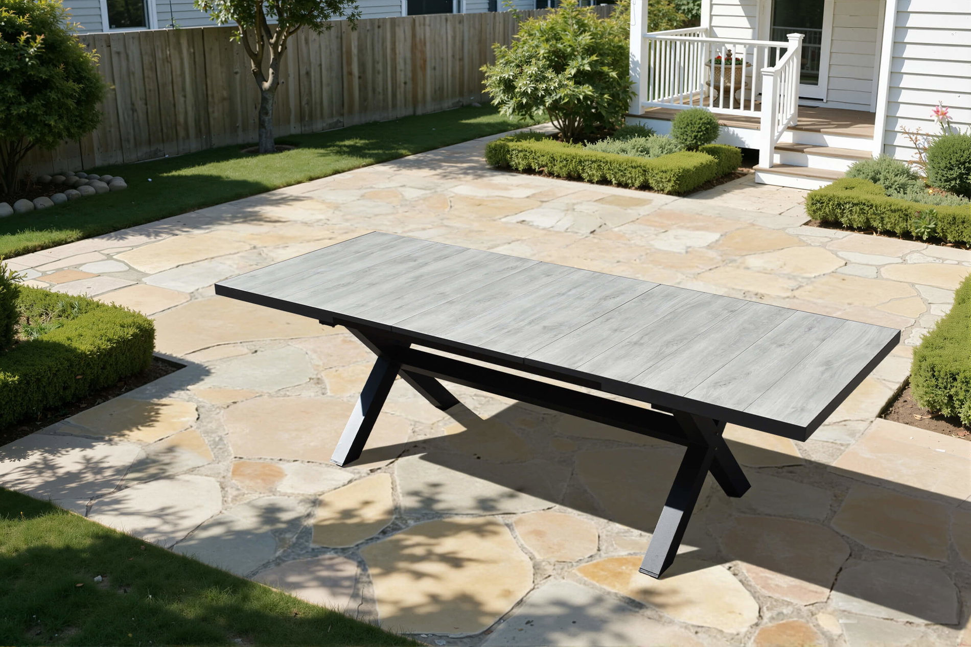 OUTLEXX Louvra Mesa extensible, antracita/aspecto de madera, Alu/Cerámica, 200/260 x 100 cm, Tablero de la mesa de baldosas de cerámica