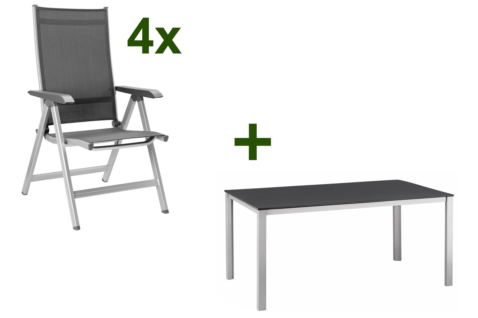 Kettler Conjunto de comedor de jardín, plata/antracita, mesa de comedor Kettalux-Plus 160x95cm, 4 sillas plegables BasicPlus 13695__1