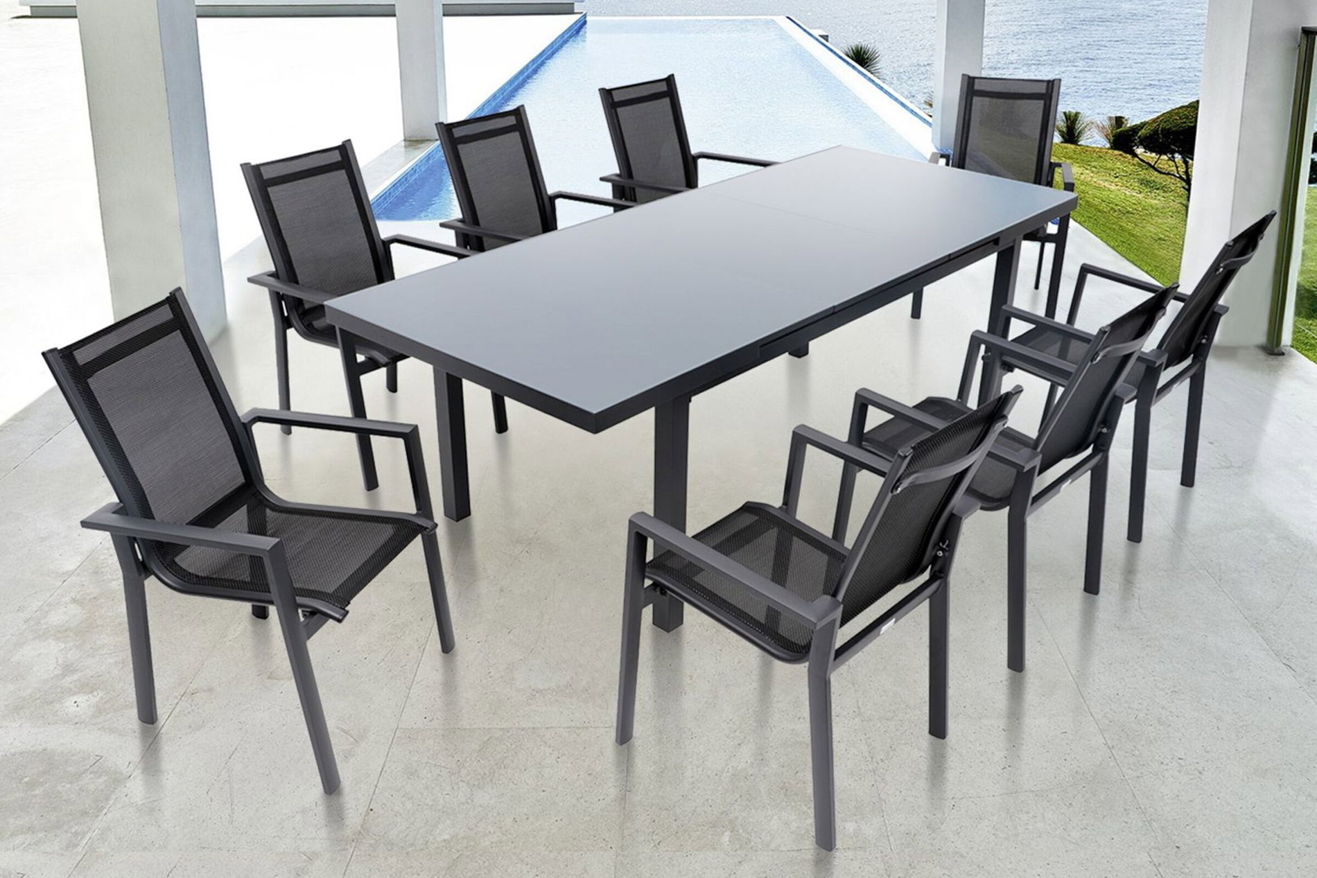 OUTFLEXX Conjunto de comedor de jardín Premium, OUTFLEXX® antracita mate, Alu/Textilene, Mesa 180/240x100cm, 8 Sillas apilables