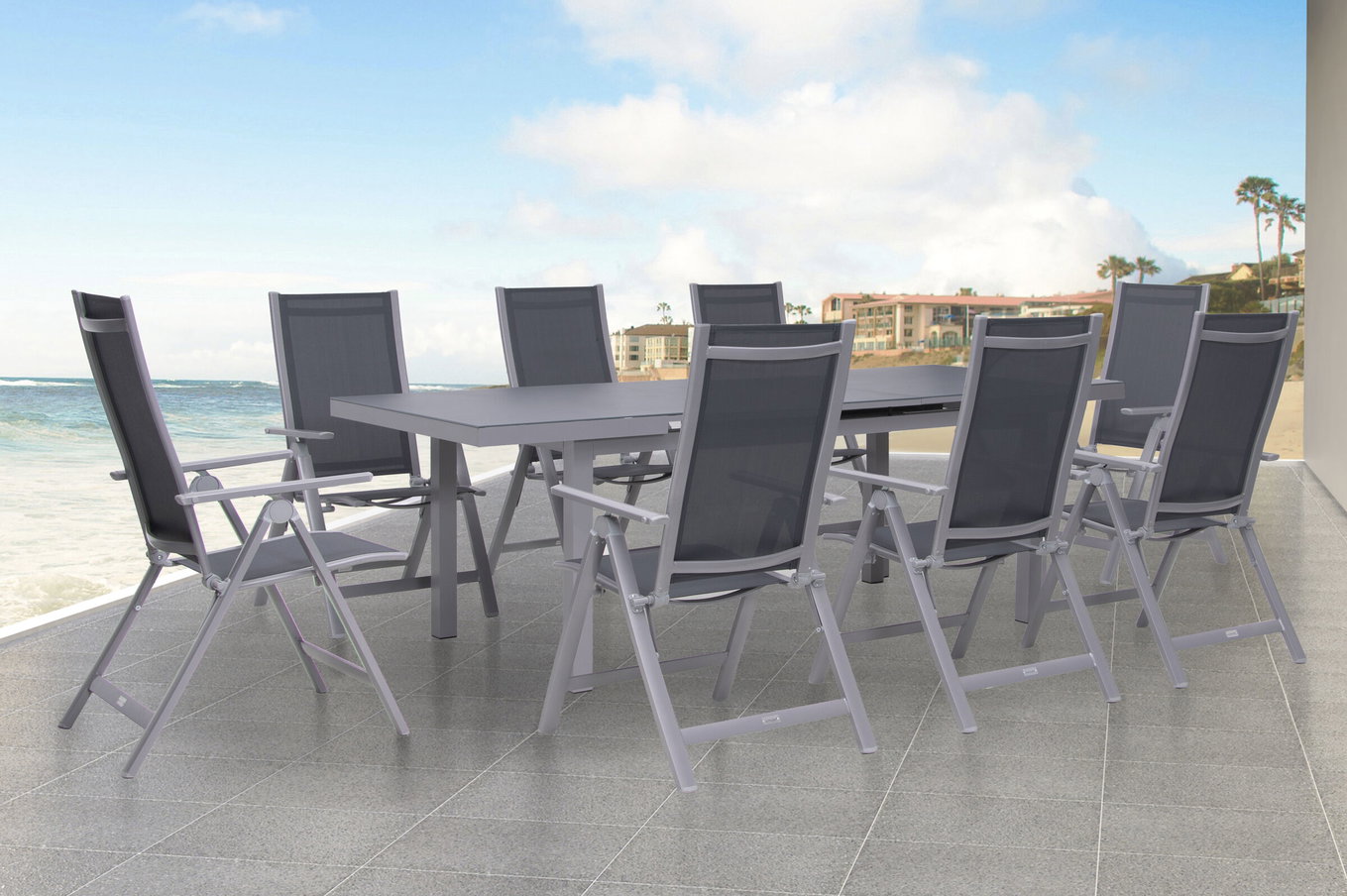 OUTFLEXX Conjunto de Comedor de Jardín Premium, plata/gris, Alu/Textilene, Mesa Extensible 180/240 x 100 cm, 8 Sillas Plegables 21432__1