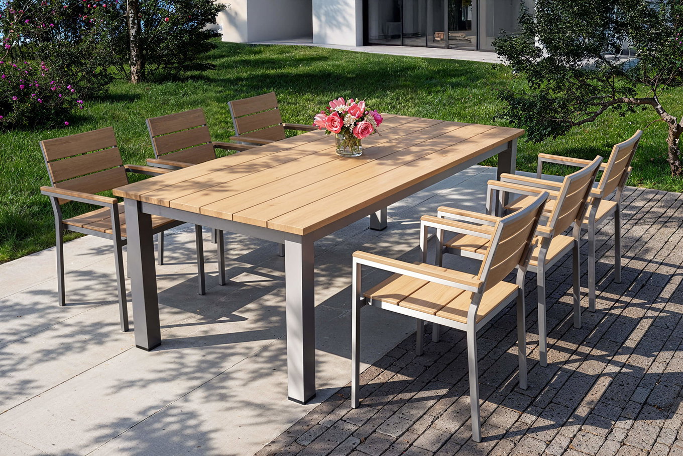 Conjunto de comedor de jardín OUTFLEXX Falun con 6 sillones, marrón/plateado, madera de teca/acero inoxidable, 220/340 x 100 cm, extensible, apilable, producto certificado FSC® 81032__1
