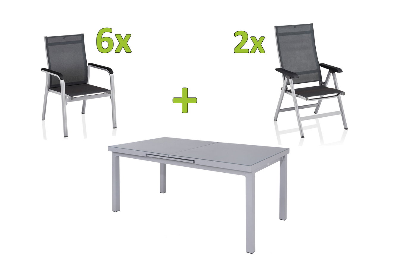 KETTLER BasicPlus Premium Conjunto de comedor de jardín, plata, Alu/Textilene, Mesa 180/240 cm, 6 sillas apilables, 2 sillas plegables 31517__1