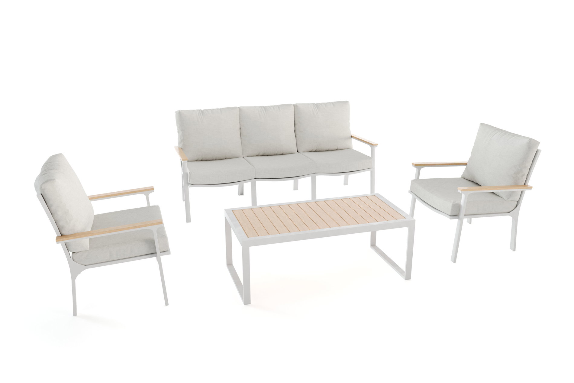 OUTFLEXX Conjunto lounge de 4 piezas para 5 personas, Blanco Mate/Gris, Aluminio/Madera de Teca/Poliéster, Mesa 120 x 58 cm, Cojines Incluidos