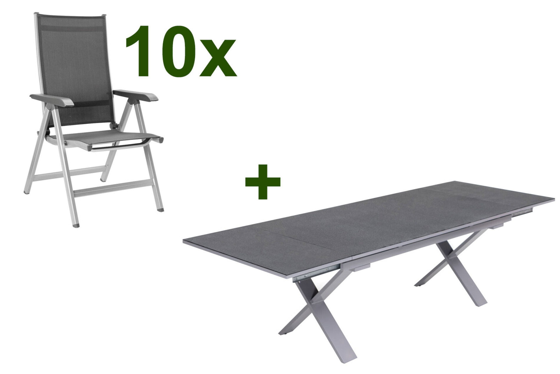 KETTLER BasicPlus Conjunto de comedor de jardín, plata / antracita, Alu / Spraystone / Textil, Mesa 180/280x100cm, 10 sillas plegables 23009__1