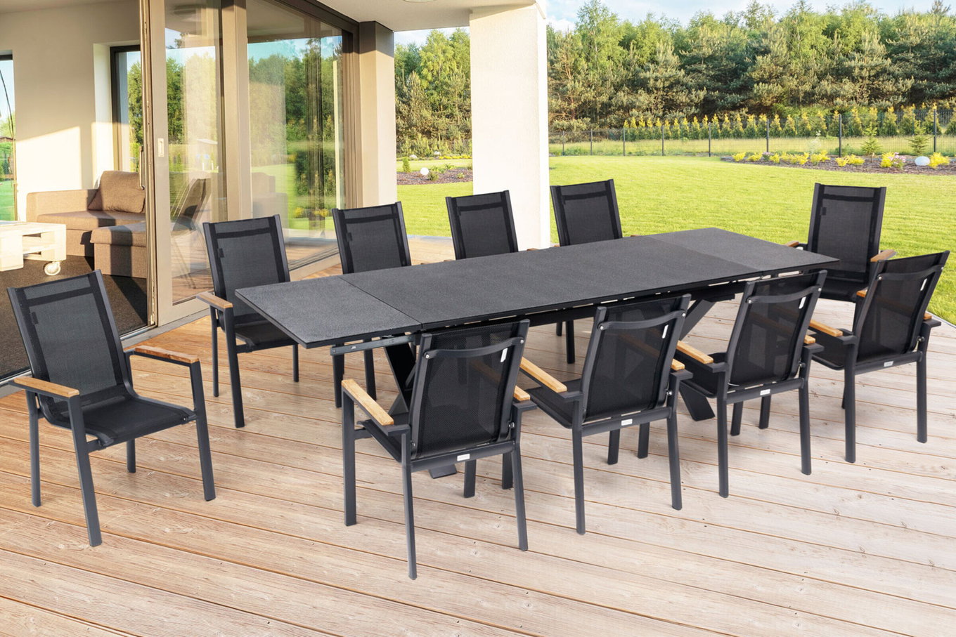 OUTFLEXX Conjunto de comedor de jardín, OUTFLEXX® antracita mate, Alu / Spraystone / Teca, Mesa 180/280x100cm, 10 sillas apilables 22129__1
