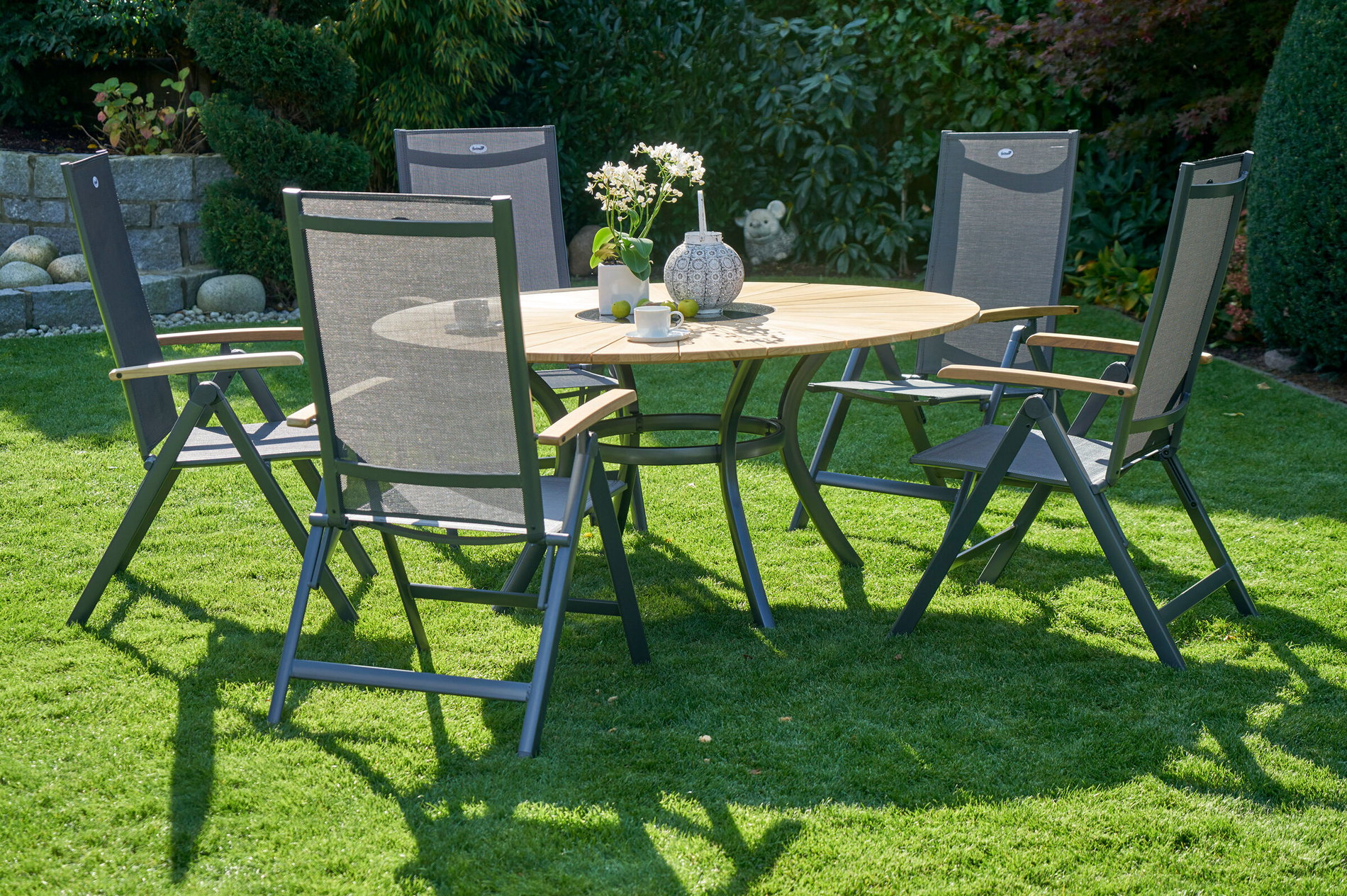 HARTMAN Provence / Aruba Conjunto-Comedor de Jardín, xerix/antracita, Aluminio/Madera de teca, 4x4 Textilene, 5 Sillas Plegables, aprox. 150cm, incl. cubitera 21191__1