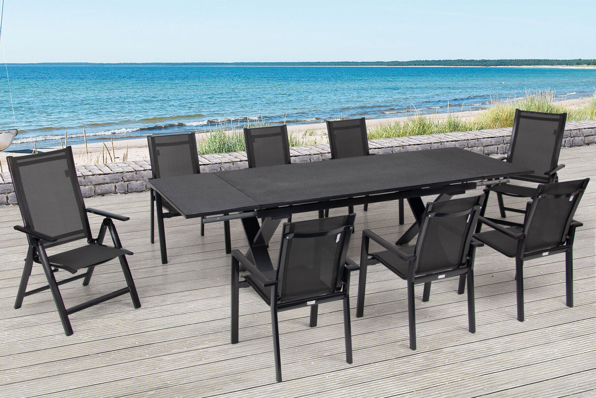 OUTFLEXX Conjunto de comedor de jardín, antracita, aluminio / cerámica / textil, 180/280x100cm, 2 sillas plegables, 6 sillas apilables 22236__1