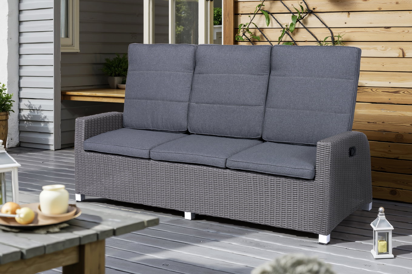 OUTFLEXX Vigo Comfort Sofá lounge/comedor de 3 plazas, gris acero jaspeado, poliratán, 210x84x110cm, ajustable 21633__1