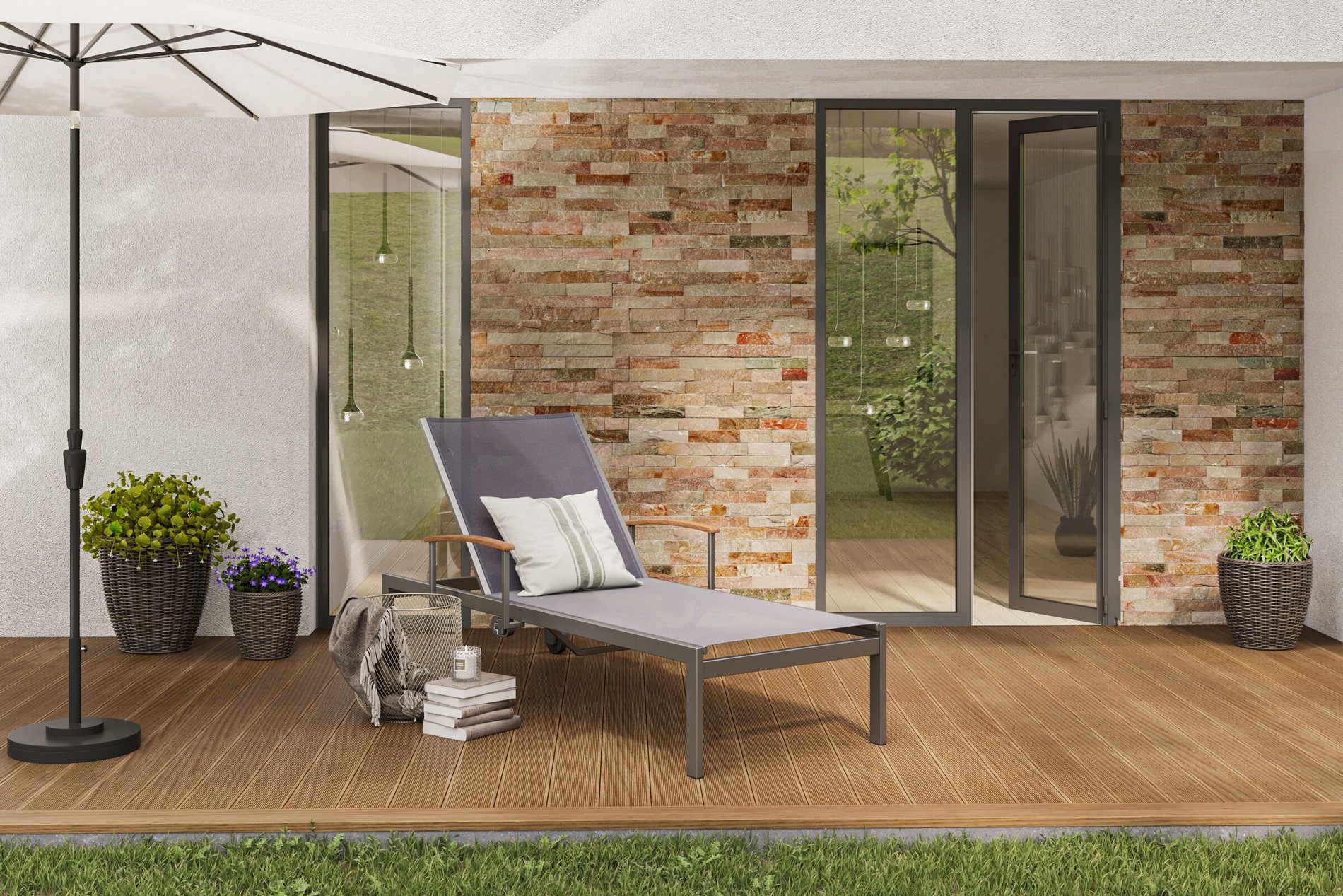 OUTFLEXX Tumbona con ruedas, topo, acero inoxidable/textilene, con resorte de gas, 195 x 74 cm