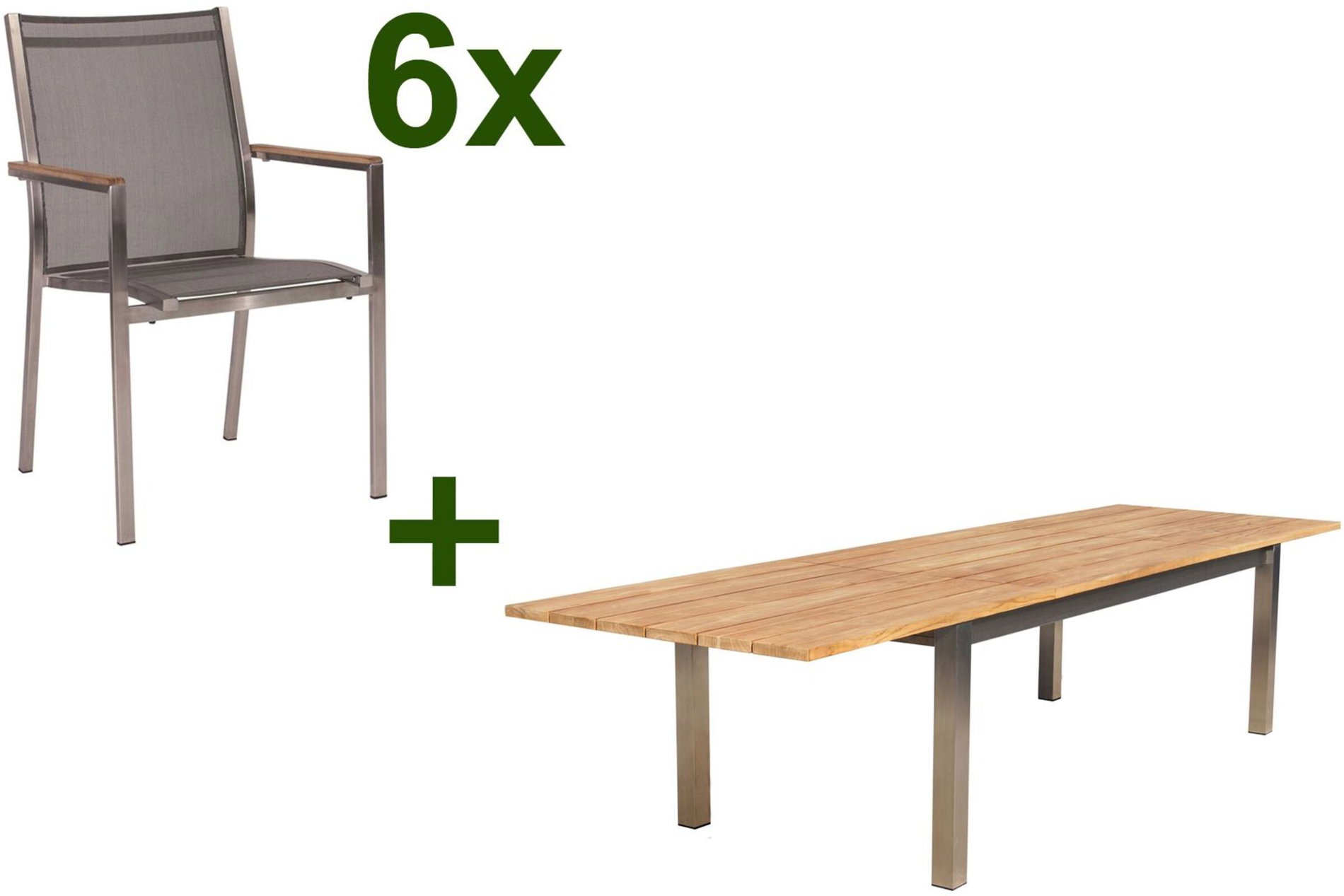 STERN Cardiff Conjunto de comedor de jardín, plata/gris plata, Acero inoxidable/Teca, Mesa 220/340 x 100 cm, 6 sillas apilables, Producto certificado FSC® 19744__1