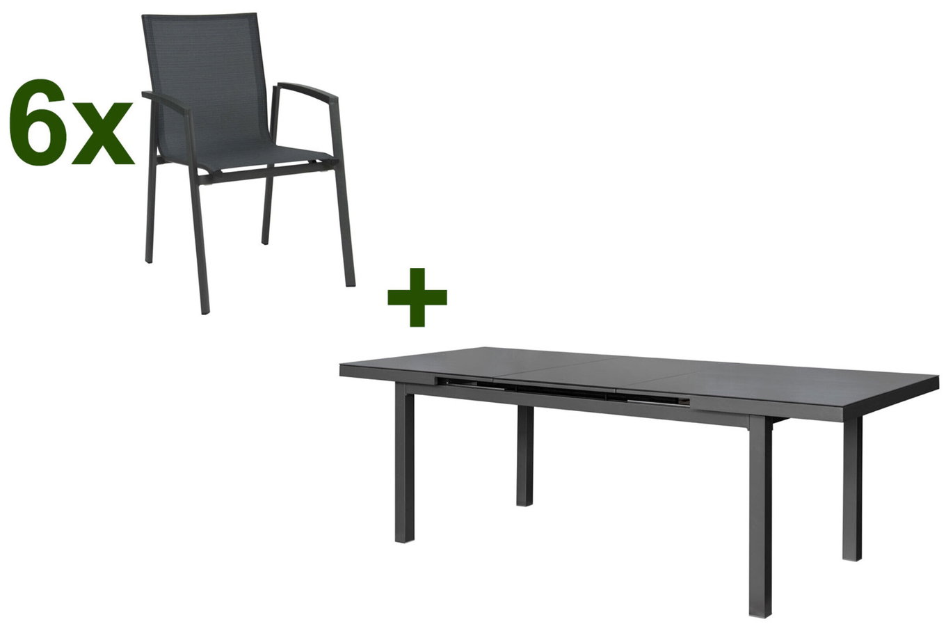 Conjunto de comedor de jardín STERN New Top, antracita, aluminio / vidrio / textil, mesa 180/240x100cm, 6 sillas apilables 22989__1